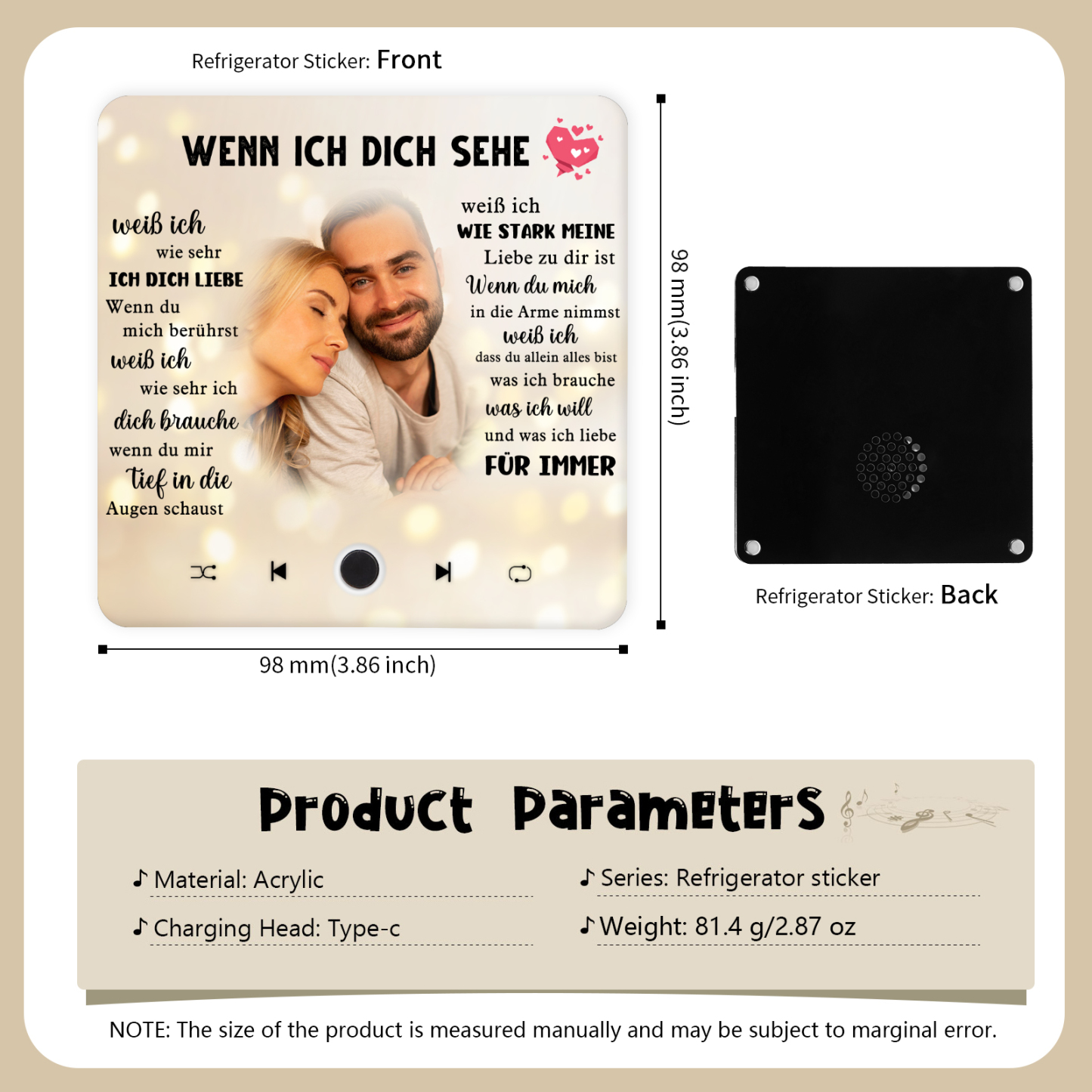 Personalisierte mit Lied & Foto Musik-Kühlschrankmagnet – Romantisches Geschenk für Paar
