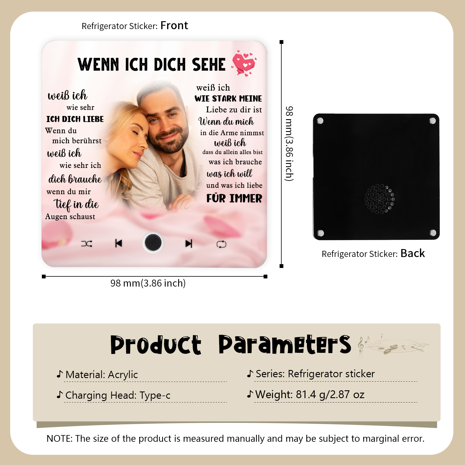 Personalisierte mit Lied & Foto Musik-Kühlschrankmagnet – Romantisches Geschenk für Paar