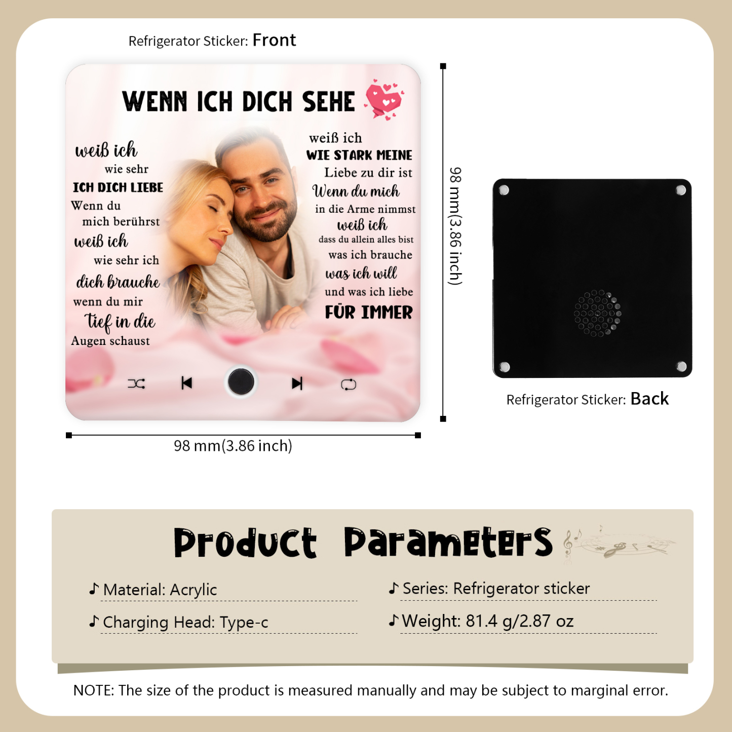 Personalisierte mit Lied & Foto Musik-Kühlschrankmagnet – Romantisches Geschenk für Paar