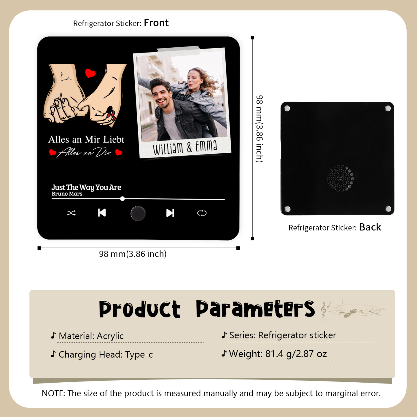 Personalisiertes Foto & Lied & 2 Namen Acryl Holz Kühlschrankmagnet mit Musikfunktion Alles an mir liebt Alles an dir Geschenk für Paar