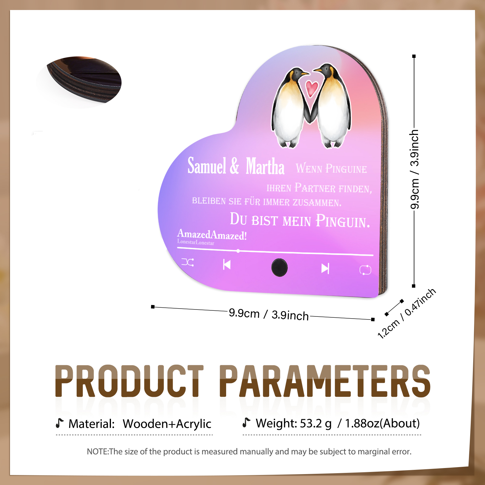 Herz Personalisiertes Lied &2 Namen Kühlschrankmagnet mit Musikfunktion Du bist mein Pinguin Geschenk für Paare