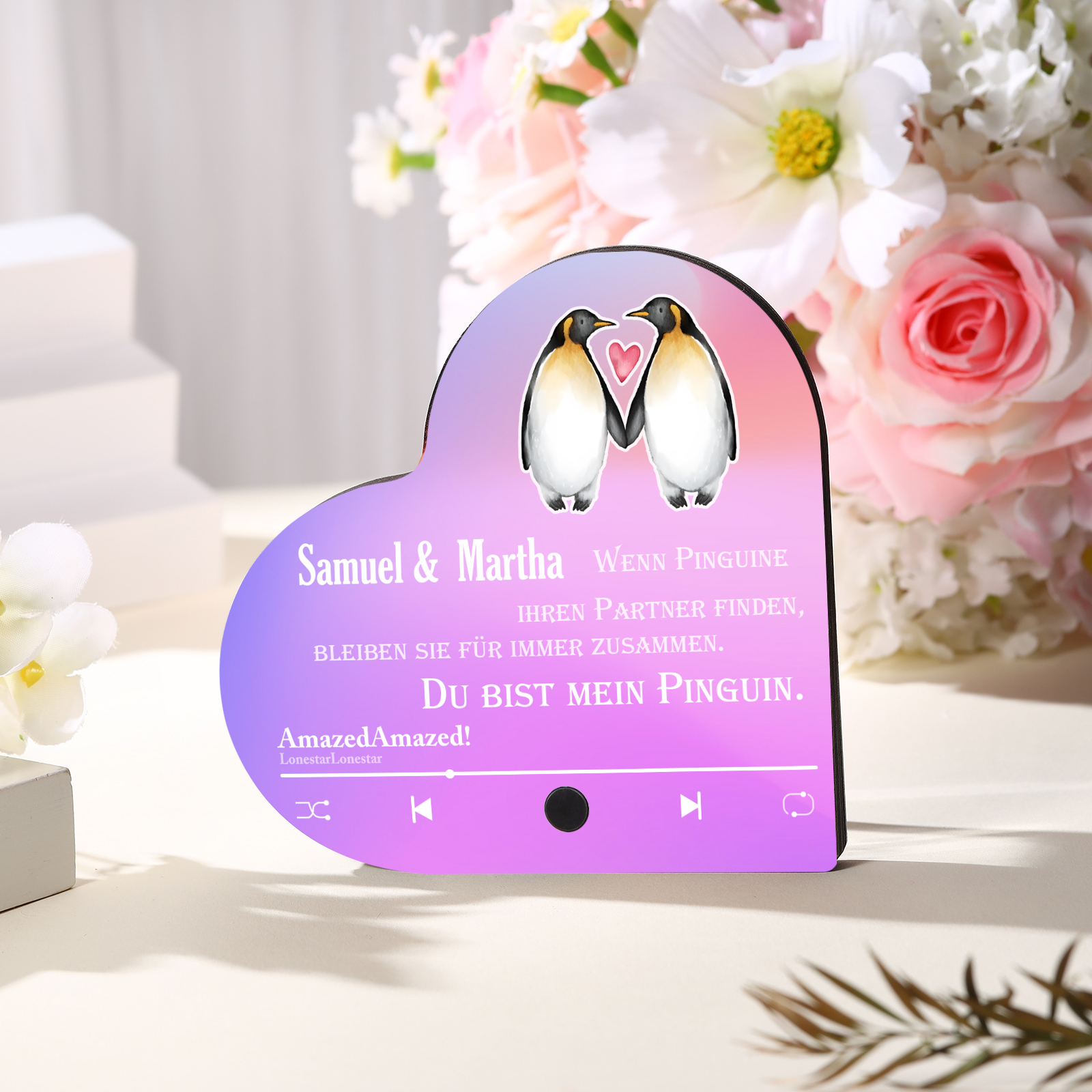 Herz Personalisiertes Lied &2 Namen Kühlschrankmagnet mit Musikfunktion Du bist mein Pinguin Geschenk für Paare