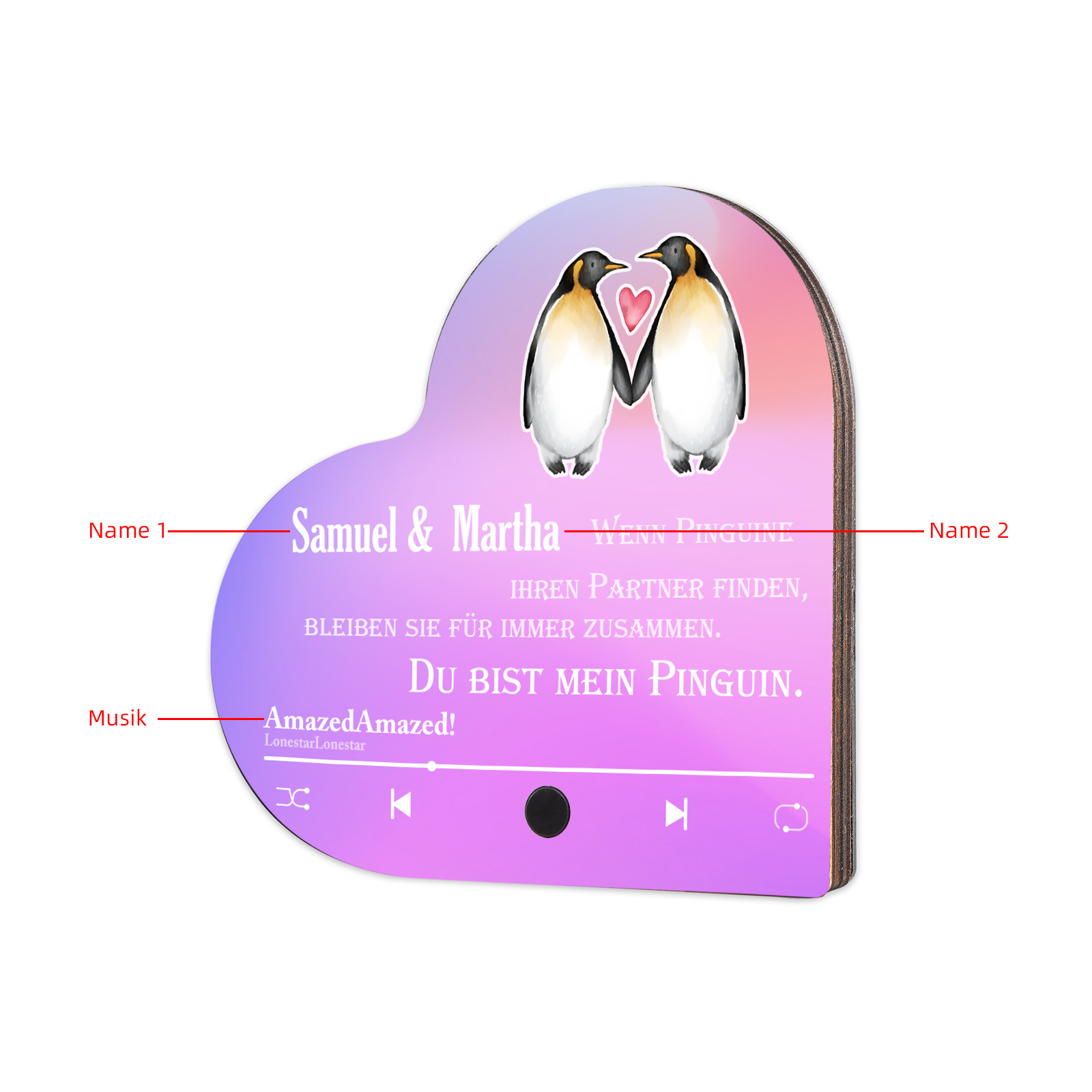 Herz Personalisiertes Lied &2 Namen Kühlschrankmagnet mit Musikfunktion Du bist mein Pinguin Geschenk für Paare