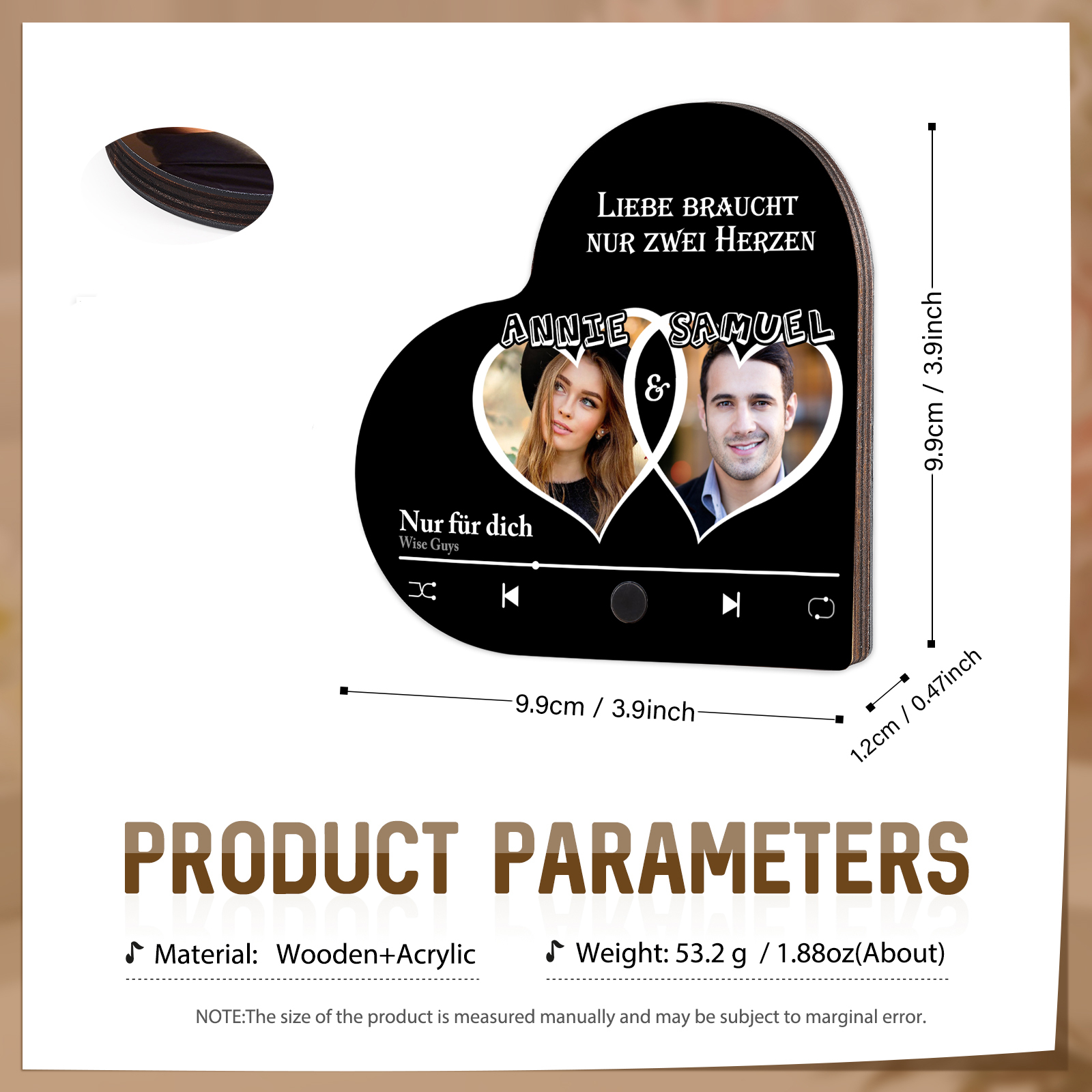 Herz Personalisiertes Lied & 2 Namen Kühlschrankmagnet mit Musikfunktion Liebe braucht nur zwei Herzen Geschenk für Paare