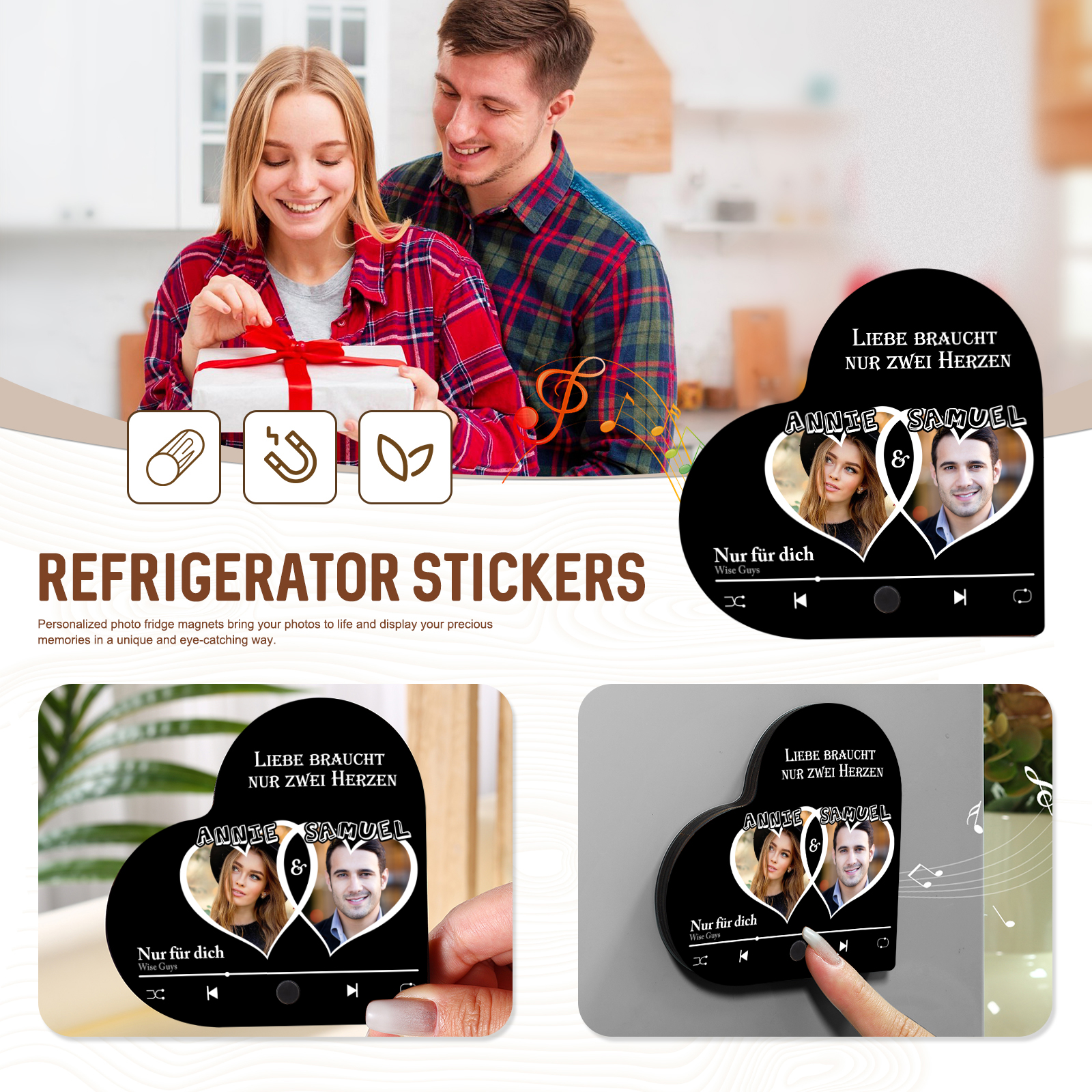 Herz Personalisiertes Lied & 2 Namen Kühlschrankmagnet mit Musikfunktion Liebe braucht nur zwei Herzen Geschenk für Paare