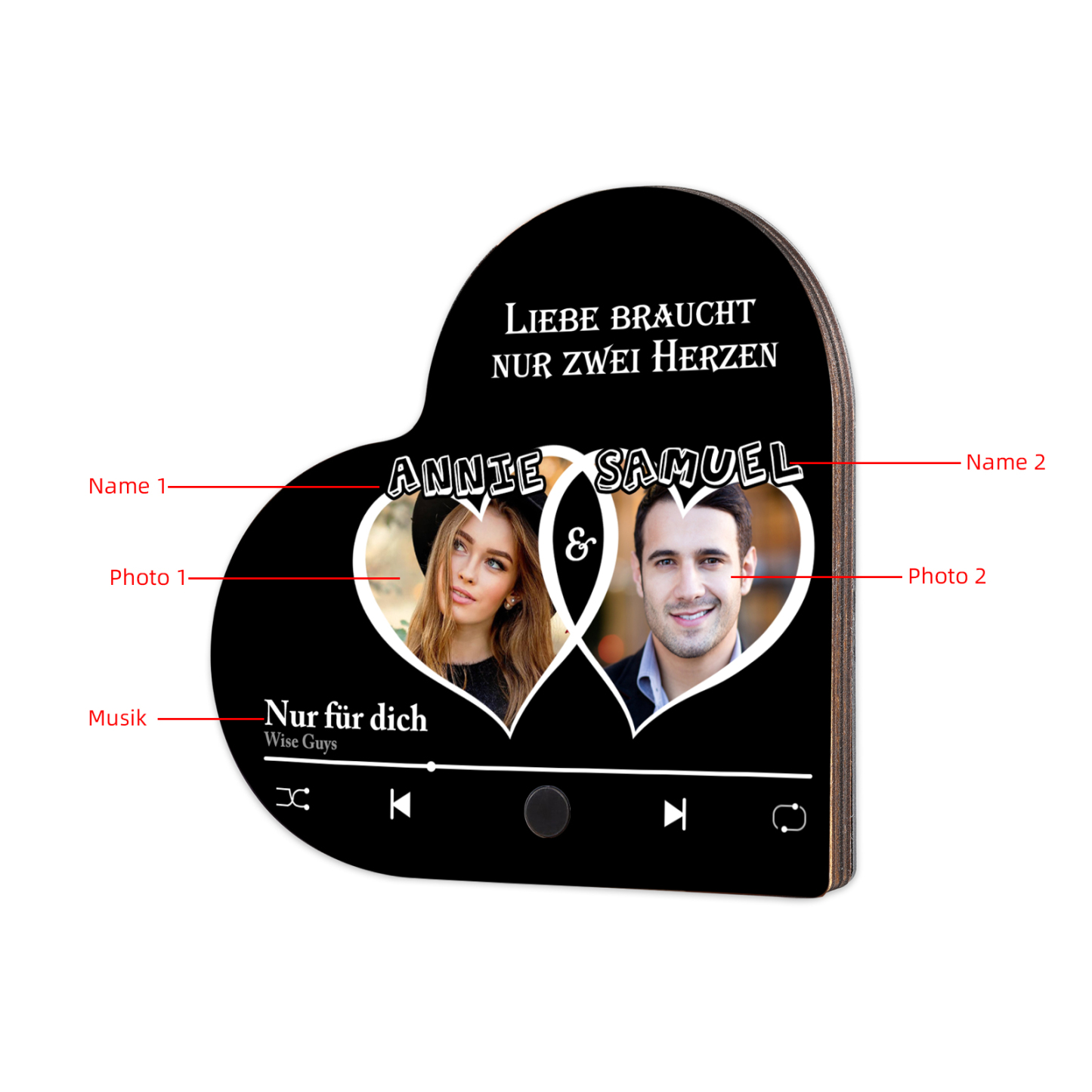 Herz Personalisiertes Lied & 2 Namen Kühlschrankmagnet mit Musikfunktion Liebe braucht nur zwei Herzen Geschenk für Paare
