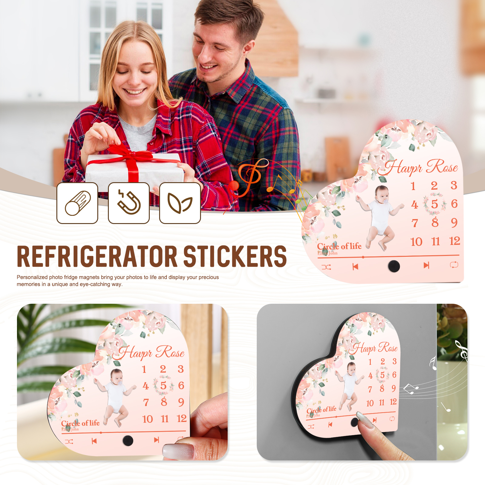 Herz Personalisiertes Lied & Name & Foto & Datum Kühlschrankmagnet mit Musikfunktion Baby Geschenk zur Taufe