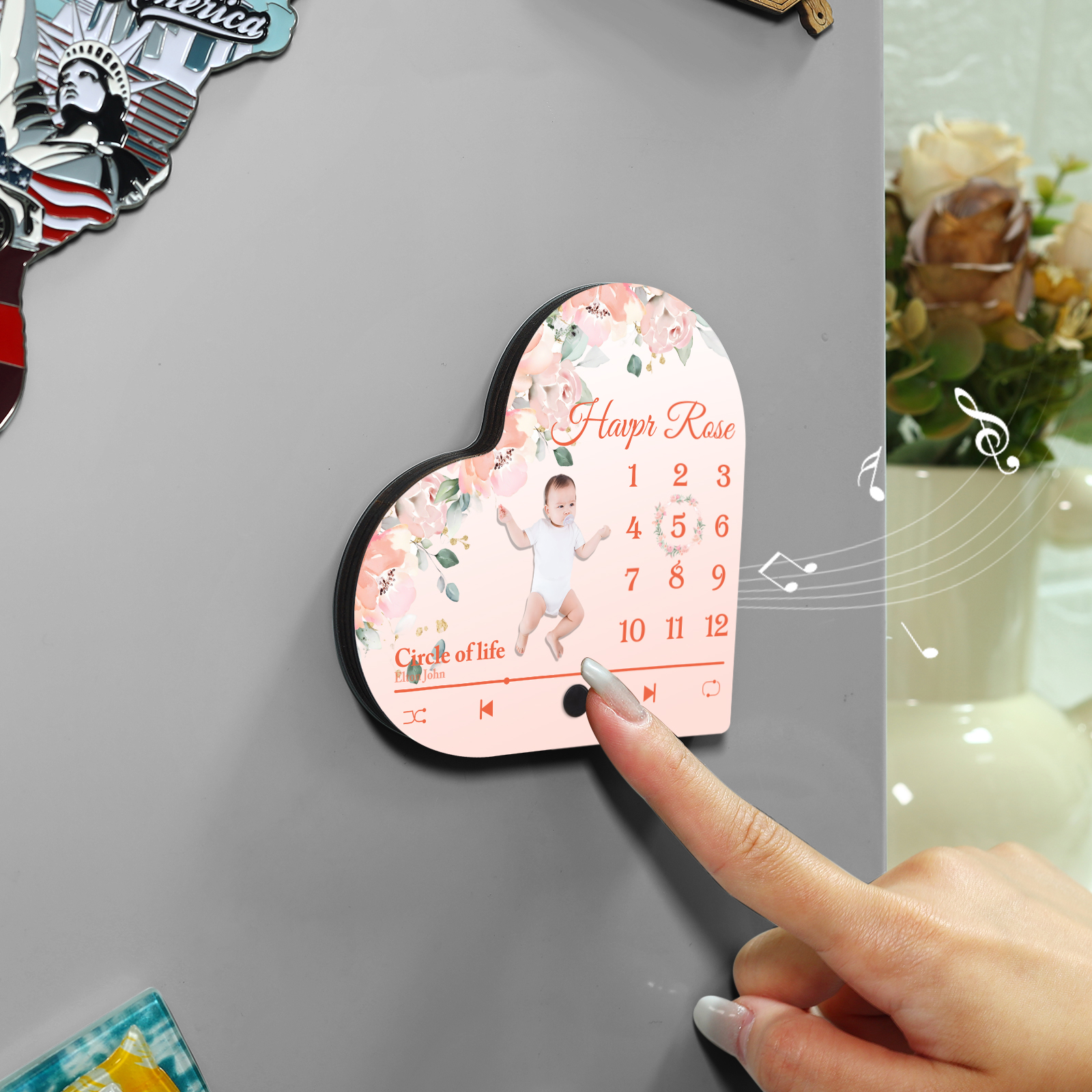 Herz Personalisiertes Lied & Name & Foto & Datum Kühlschrankmagnet mit Musikfunktion Baby Geschenk zur Taufe