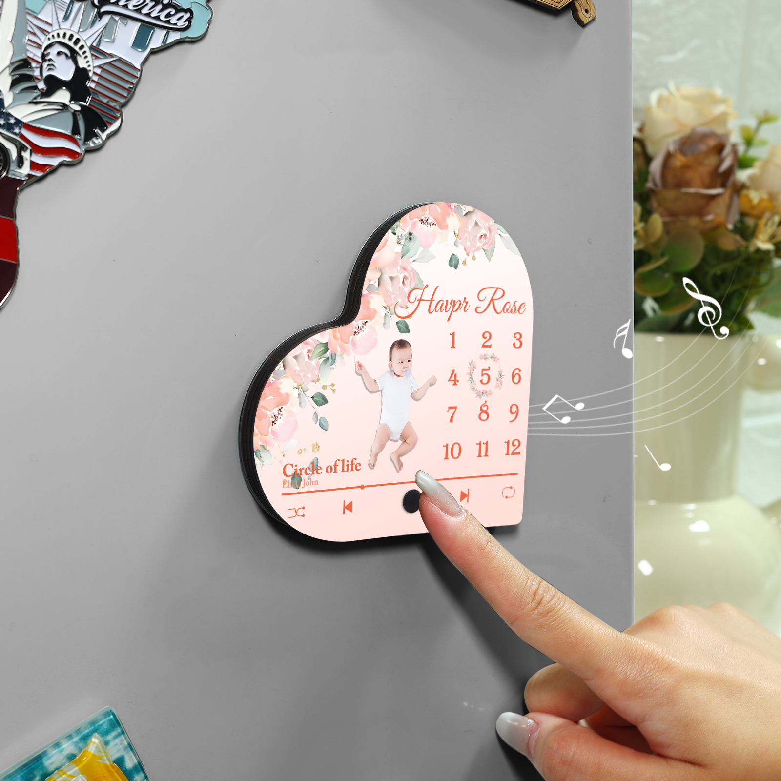Herz Personalisiertes Lied & Name & Foto & Datum Kühlschrankmagnet mit Musikfunktion Baby Geschenk zur Taufe