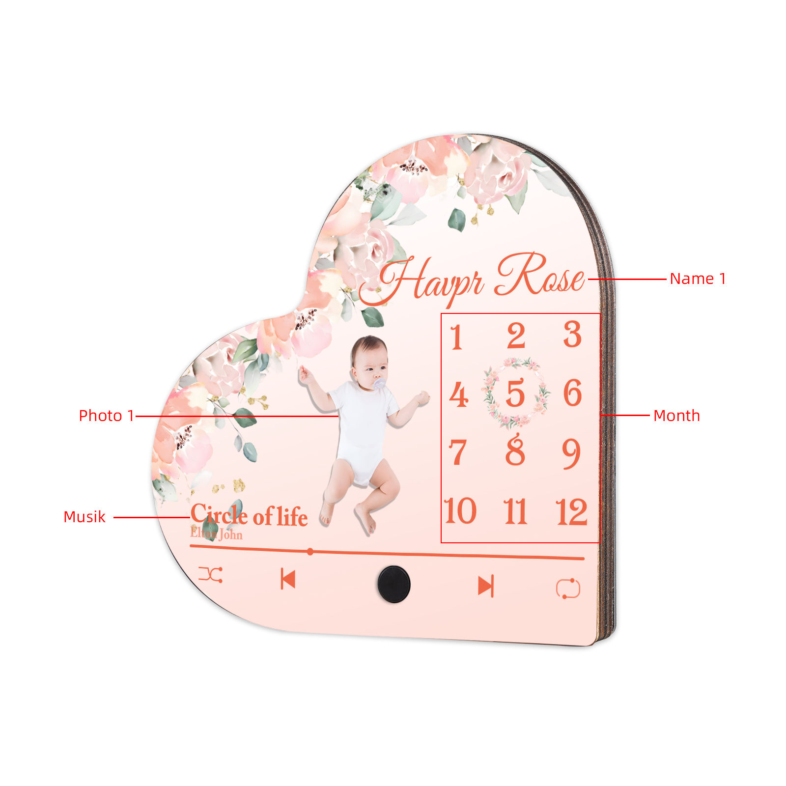 Herz Personalisiertes Lied & Name & Foto & Datum Kühlschrankmagnet mit Musikfunktion Baby Geschenk zur Taufe