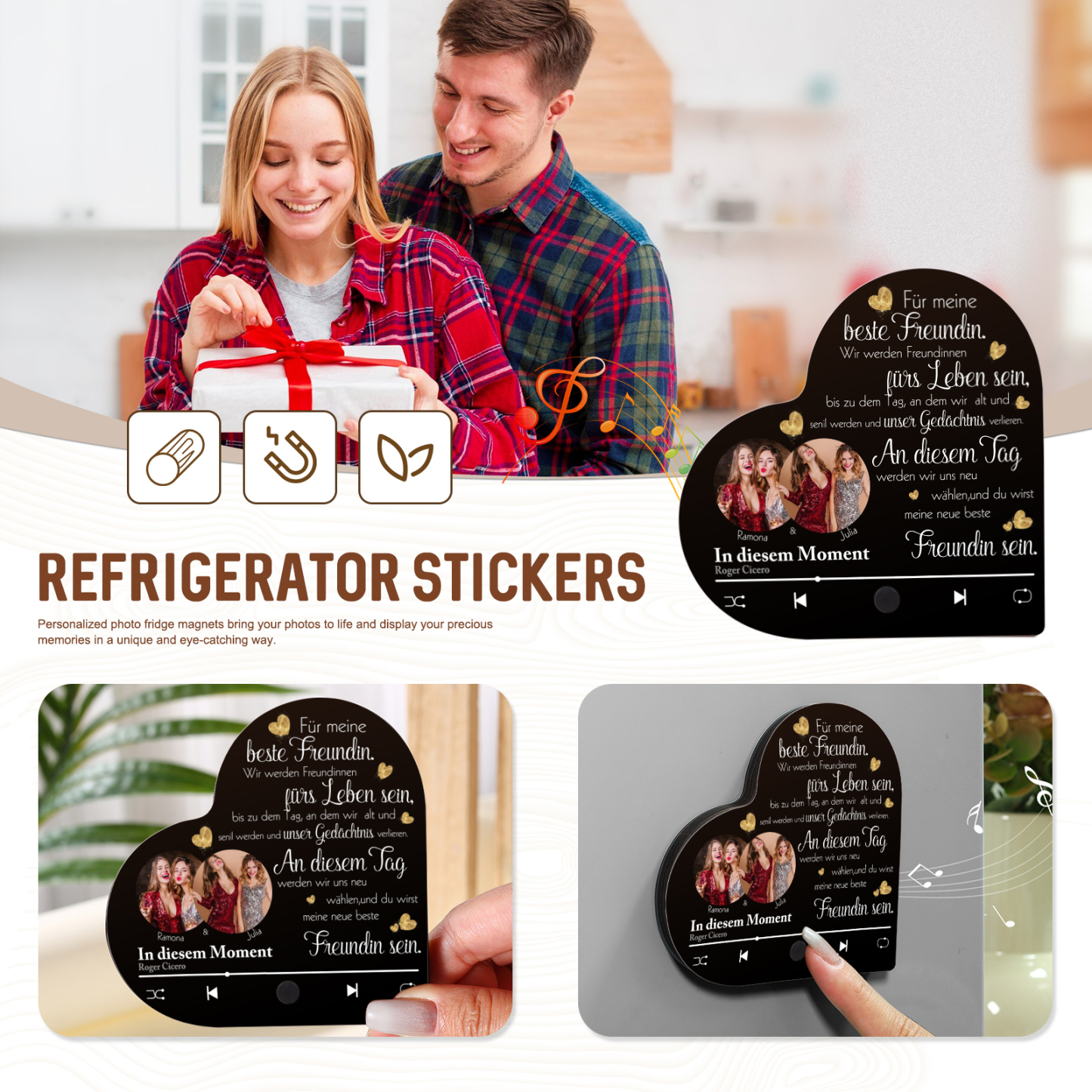 Herz Personalisiertes Lied & 2 Fotos & 2 Namen Kühlschrankmagnet mit Musikfunktion Für meine beste Freundin Freundschaft Geschenk