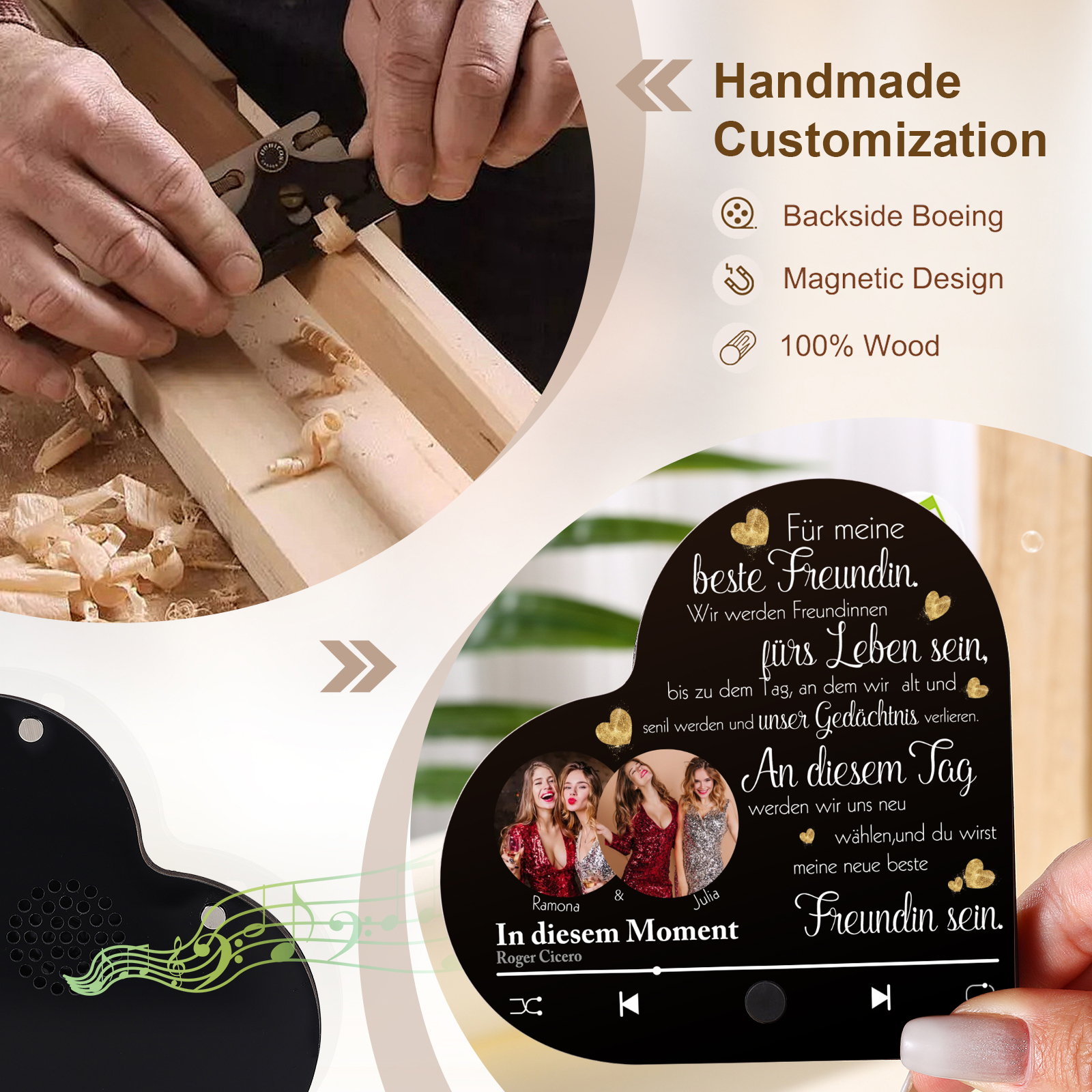 Herz Personalisiertes Lied & 2 Fotos & 2 Namen Kühlschrankmagnet mit Musikfunktion Für meine beste Freundin Freundschaft Geschenk