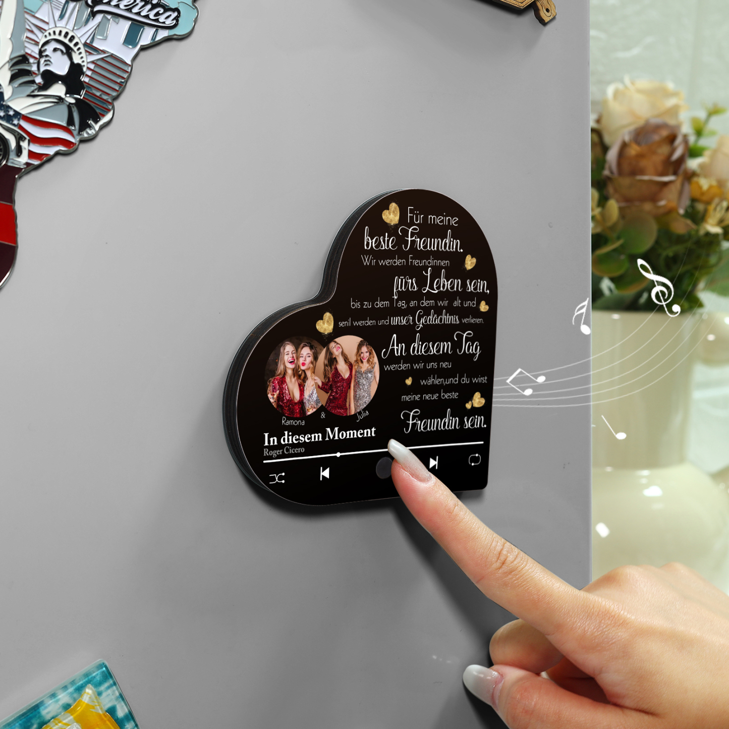 Herz Personalisiertes Lied & 2 Fotos & 2 Namen Kühlschrankmagnet mit Musikfunktion Für meine beste Freundin Freundschaft Geschenk
