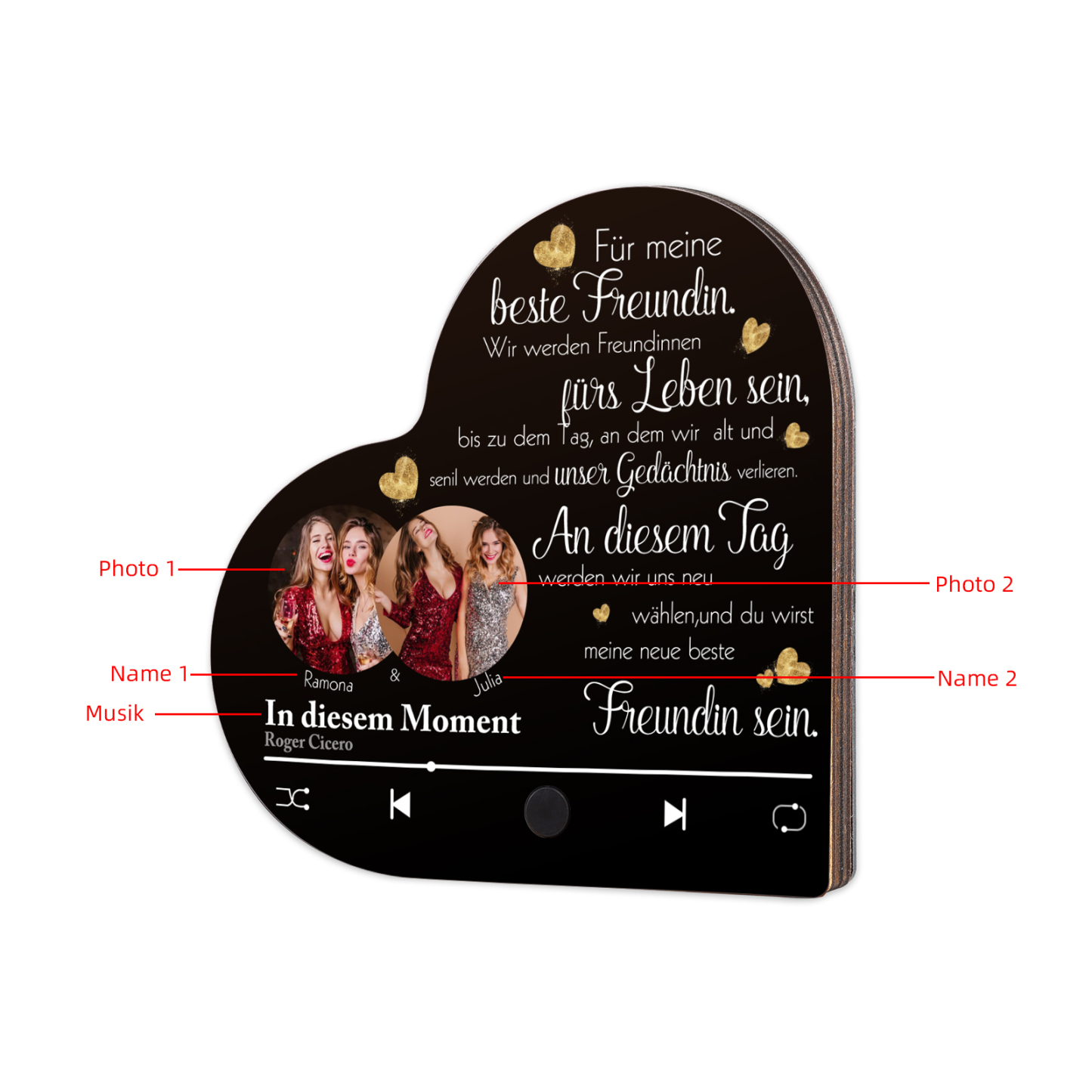 Herz Personalisiertes Lied & 2 Fotos & 2 Namen Kühlschrankmagnet mit Musikfunktion Für meine beste Freundin Freundschaft Geschenk
