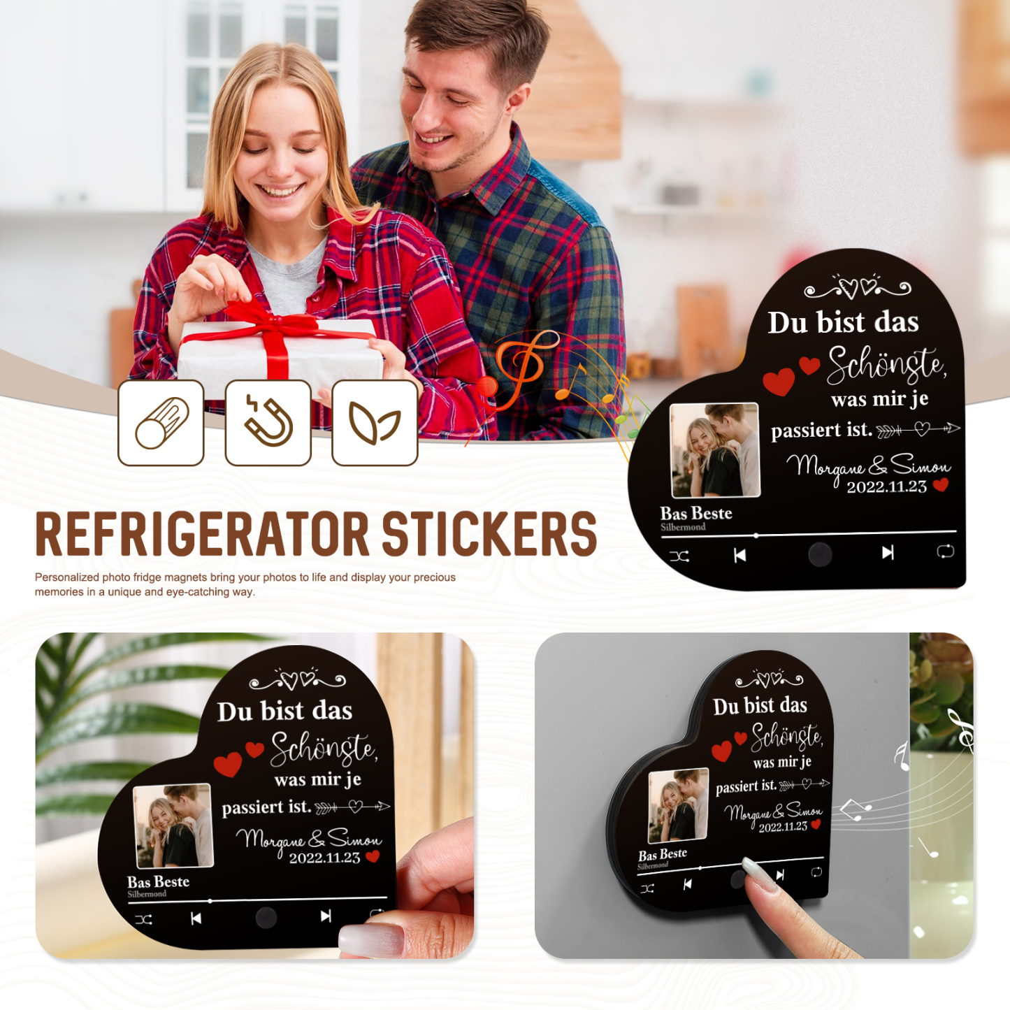 Herz Personalisiertes Lied & Foto & Text & Datum Kühlschrankmagnet mit Musikfunktion Du bist das Beste was mir je passiert ist Geschenk für Paare