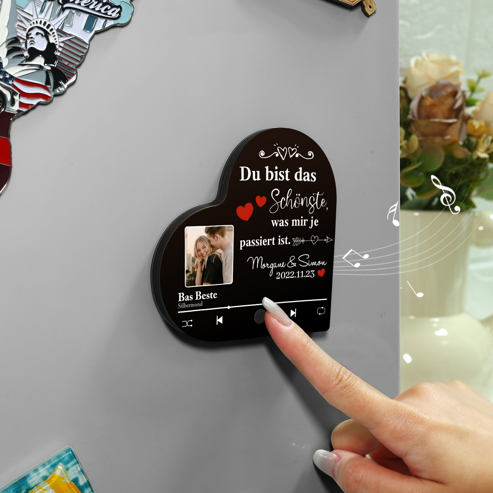 Herz Personalisiertes Lied & Foto & Text & Datum Kühlschrankmagnet mit Musikfunktion Du bist das Beste was mir je passiert ist Geschenk für Paare