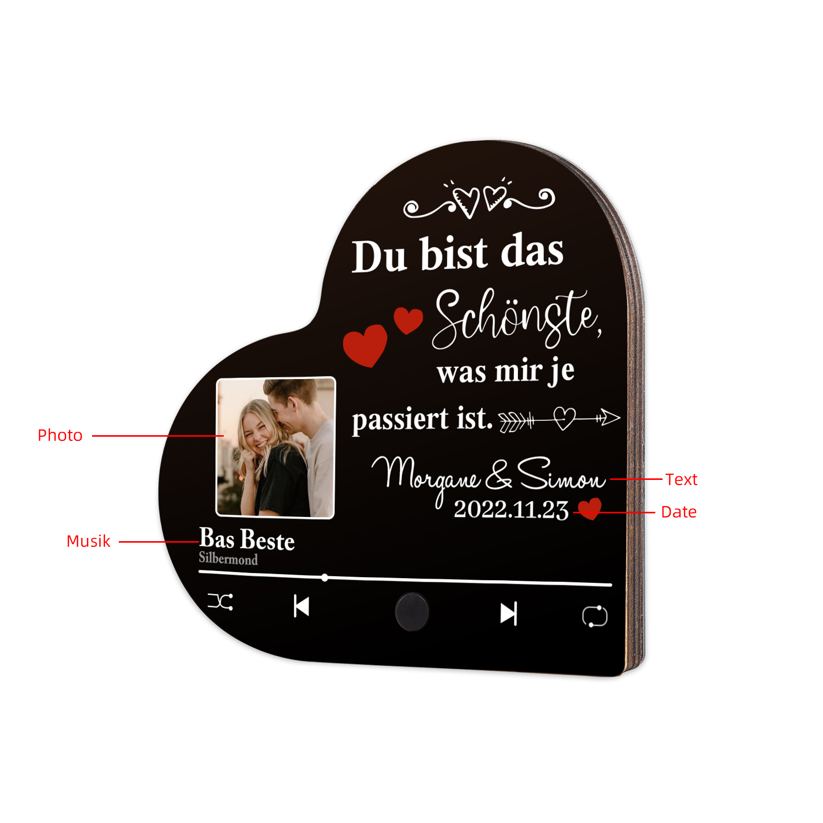 Herz Personalisiertes Lied & Foto & Text & Datum Kühlschrankmagnet mit Musikfunktion Du bist das Beste was mir je passiert ist Geschenk für Paare
