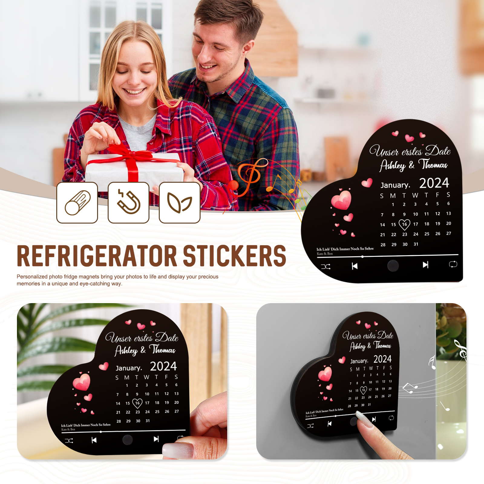 Herz Personalisiertes Lied & Text & 2 Namen & Jahr & Datum Kühlschrankmagnet mit Musikfunktion Geschenk für Paare