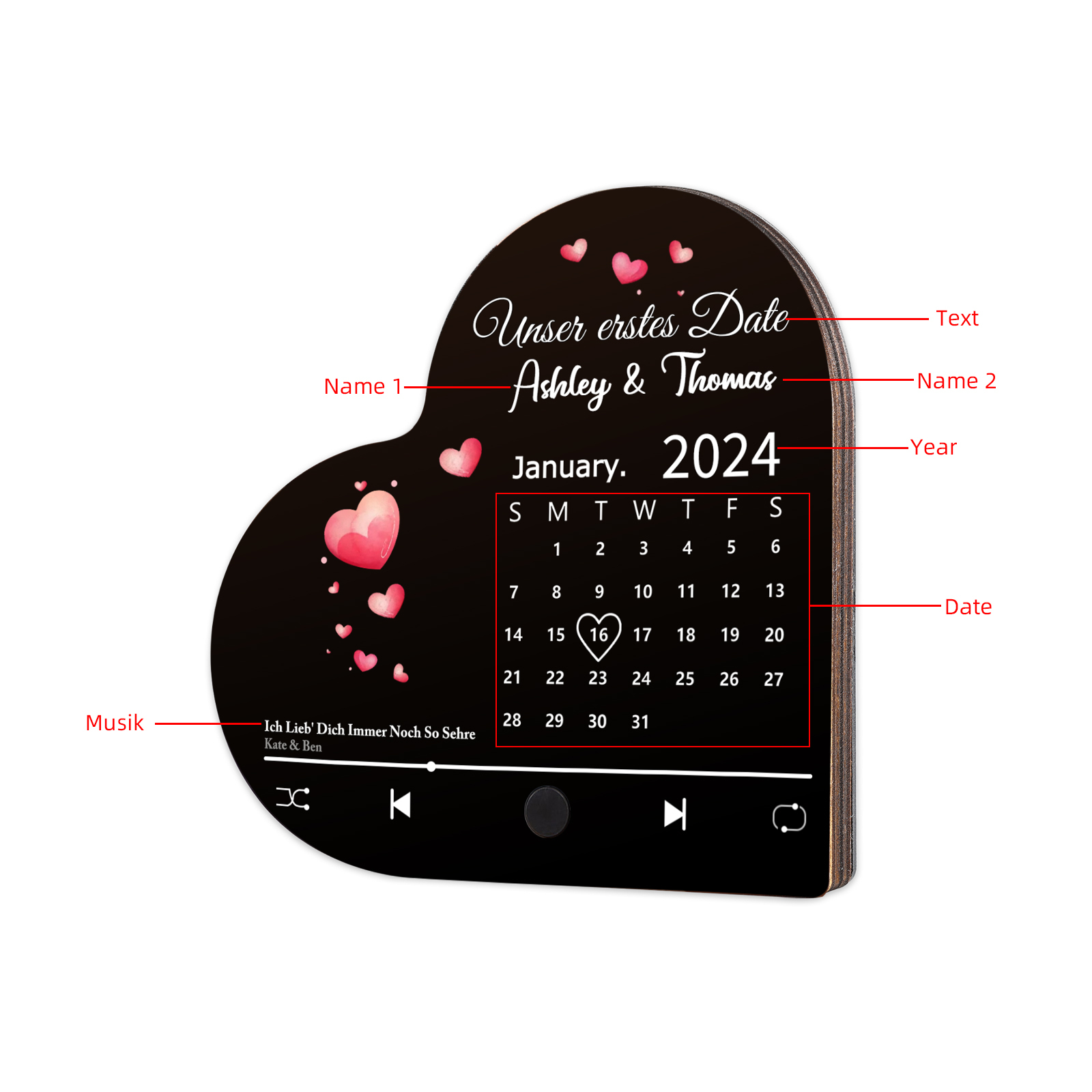 Herz Personalisiertes Lied & Text & 2 Namen & Jahr & Datum Kühlschrankmagnet mit Musikfunktion Geschenk für Paare