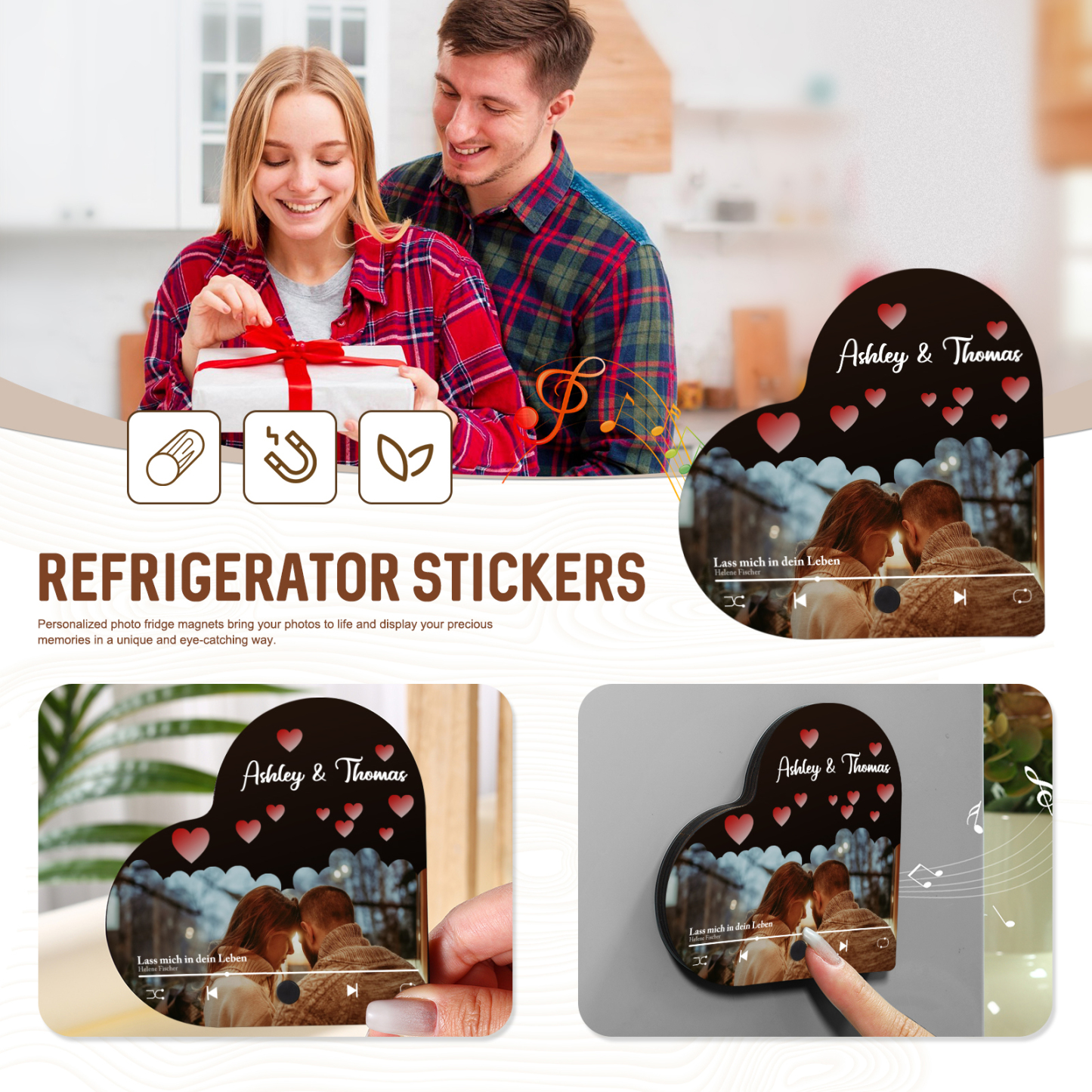 Herz Personalisiertes Lied & 2 Namen & Foto Partner Kühlschrankmagnet mit Musikfunktion Geschenk für Paare