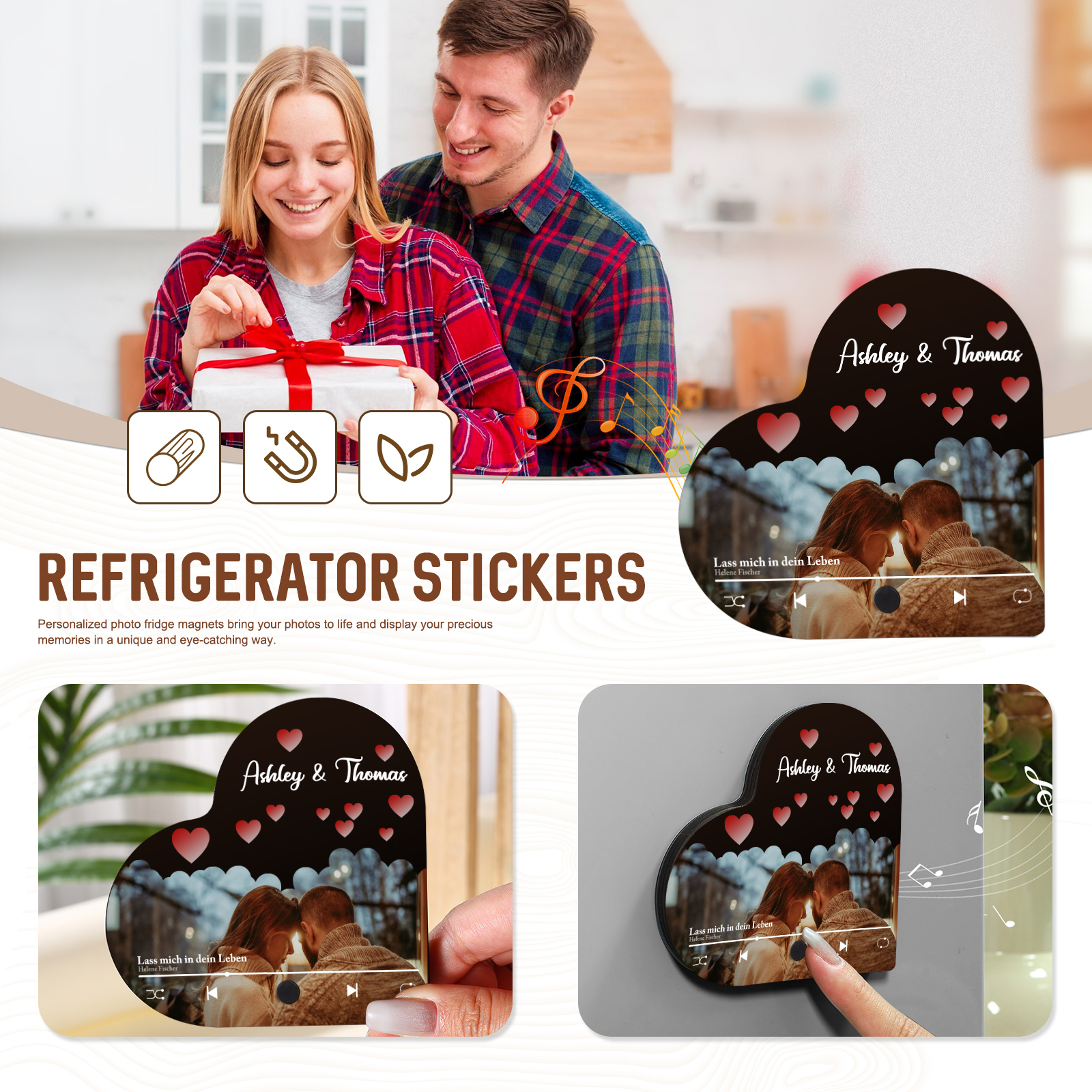 Herz Personalisiertes Lied & 2 Namen & Foto Partner Kühlschrankmagnet mit Musikfunktion Geschenk für Paare