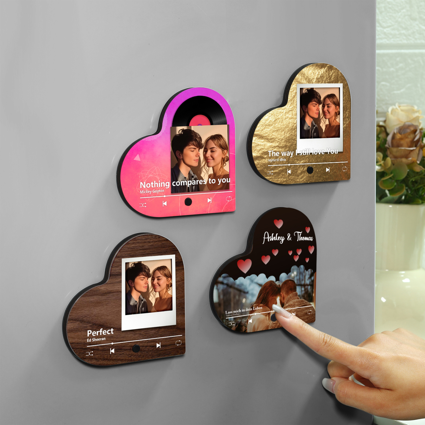 Herz Personalisiertes Lied & 2 Namen & Foto Partner Kühlschrankmagnet mit Musikfunktion Geschenk für Paare