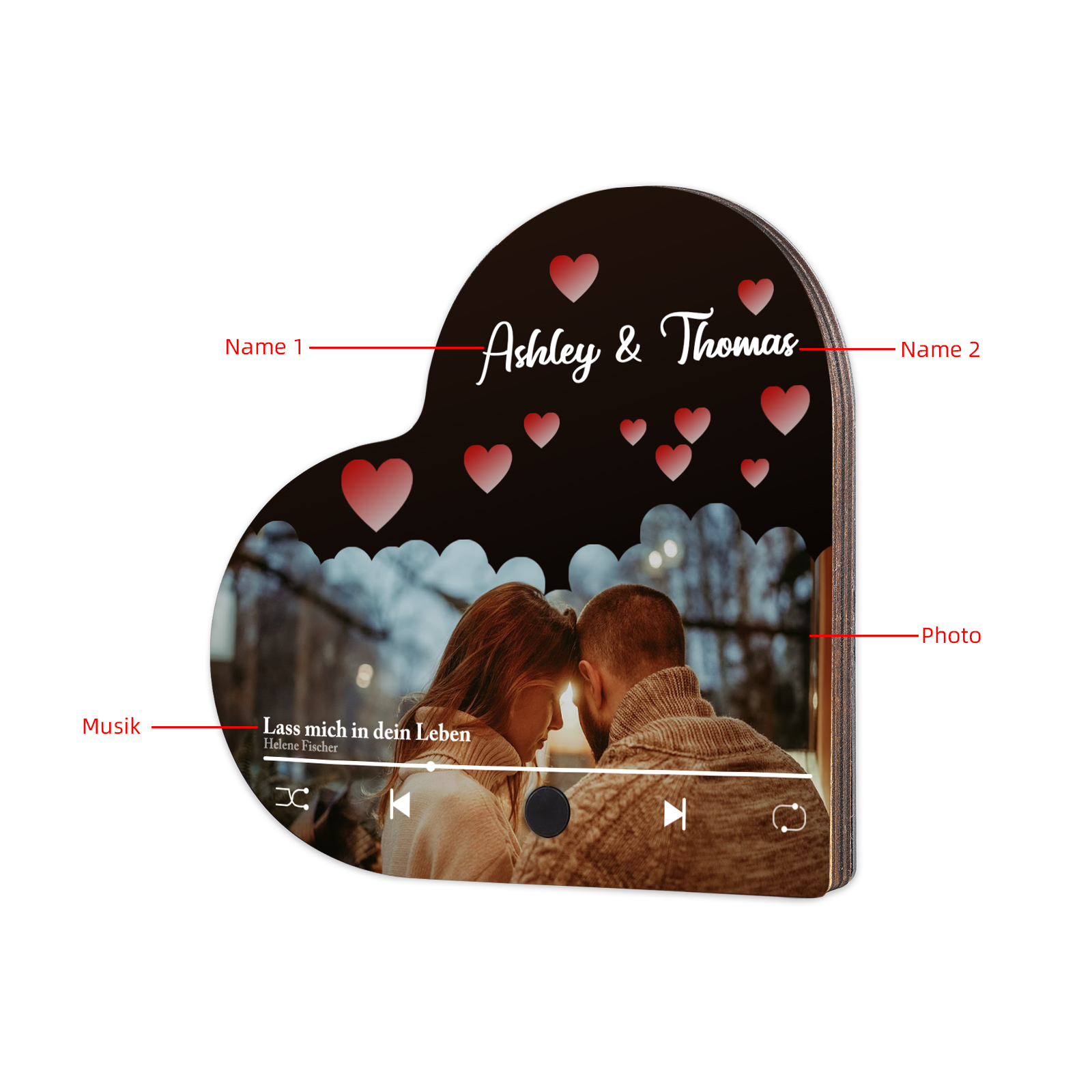Herz Personalisiertes Lied & 2 Namen & Foto Partner Kühlschrankmagnet mit Musikfunktion Geschenk für Paare