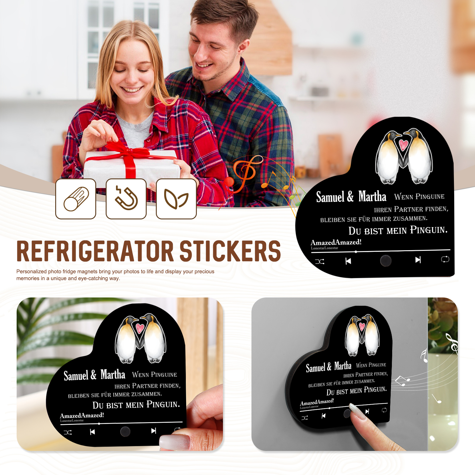 Herz Personalisiertes Lied &2 Namen Kühlschrankmagnet mit Musikfunktion Du bist mein Pinguin Geschenk für Paare
