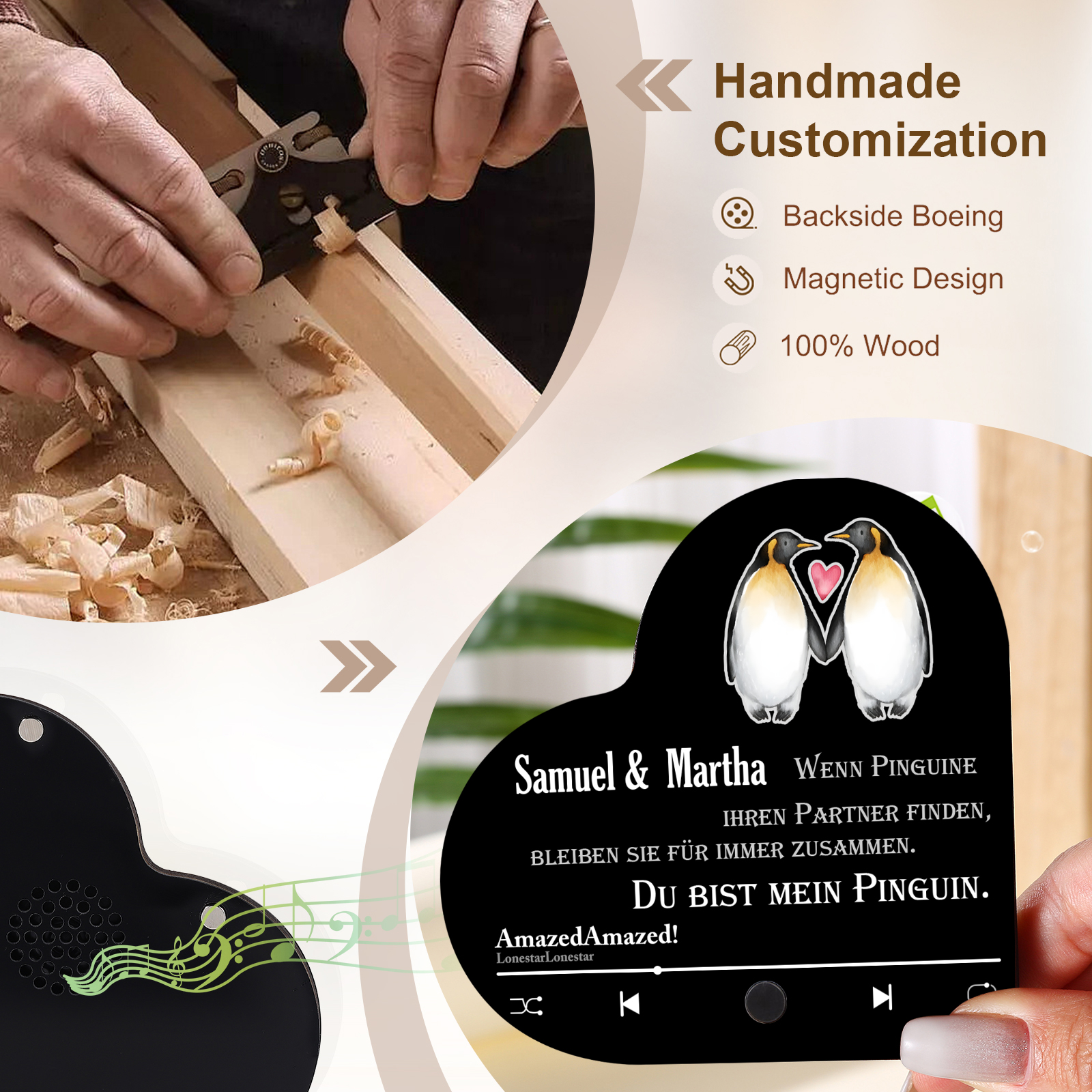 Herz Personalisiertes Lied &2 Namen Kühlschrankmagnet mit Musikfunktion Du bist mein Pinguin Geschenk für Paare