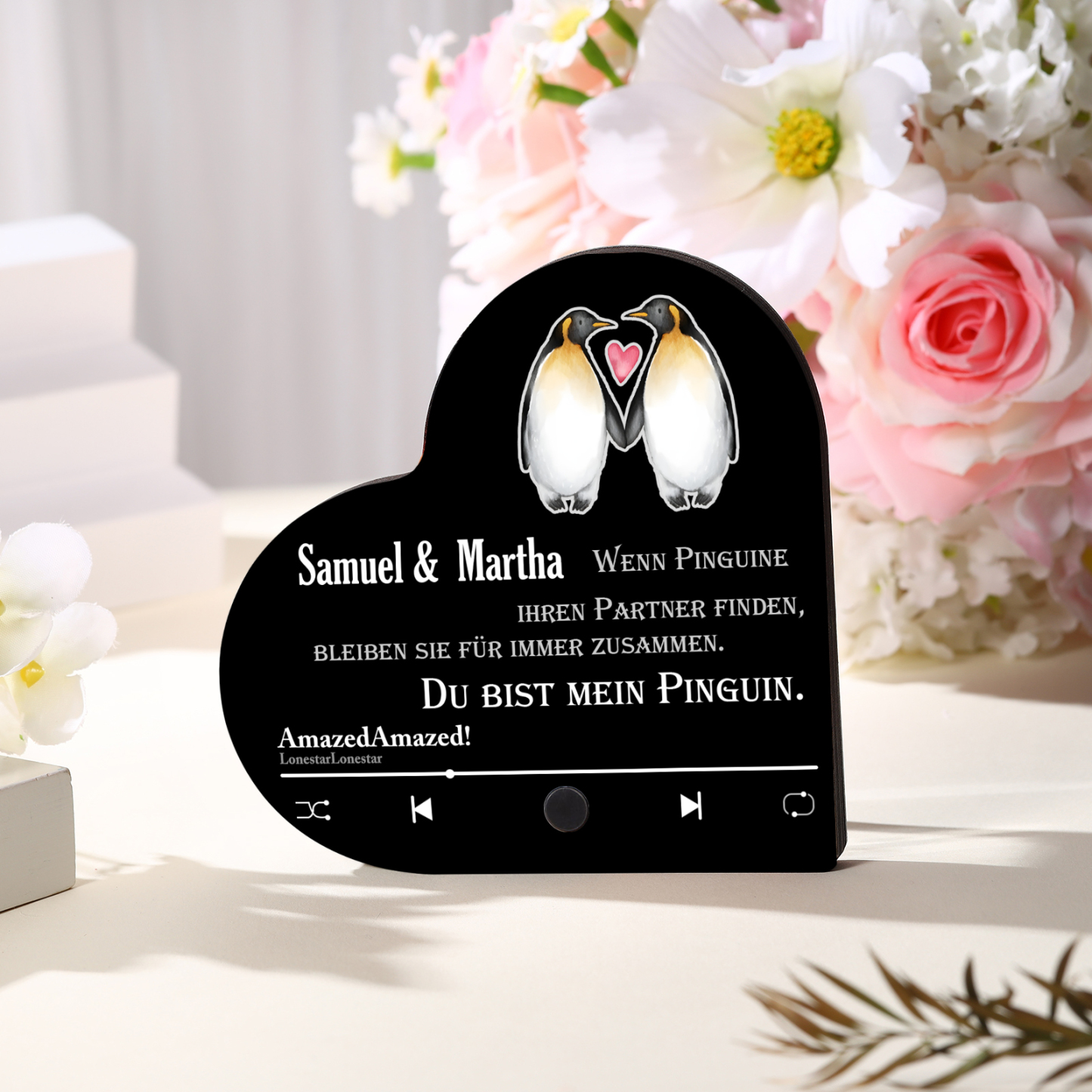Herz Personalisiertes Lied &2 Namen Kühlschrankmagnet mit Musikfunktion Du bist mein Pinguin Geschenk für Paare