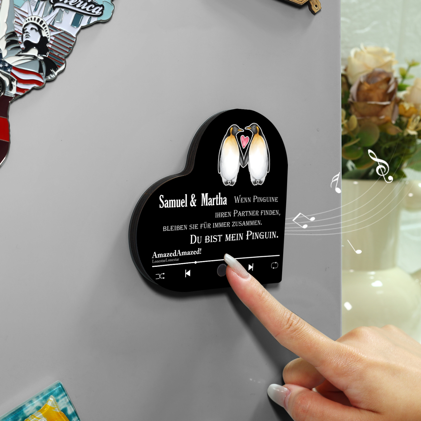 Herz Personalisiertes Lied &2 Namen Kühlschrankmagnet mit Musikfunktion Du bist mein Pinguin Geschenk für Paare