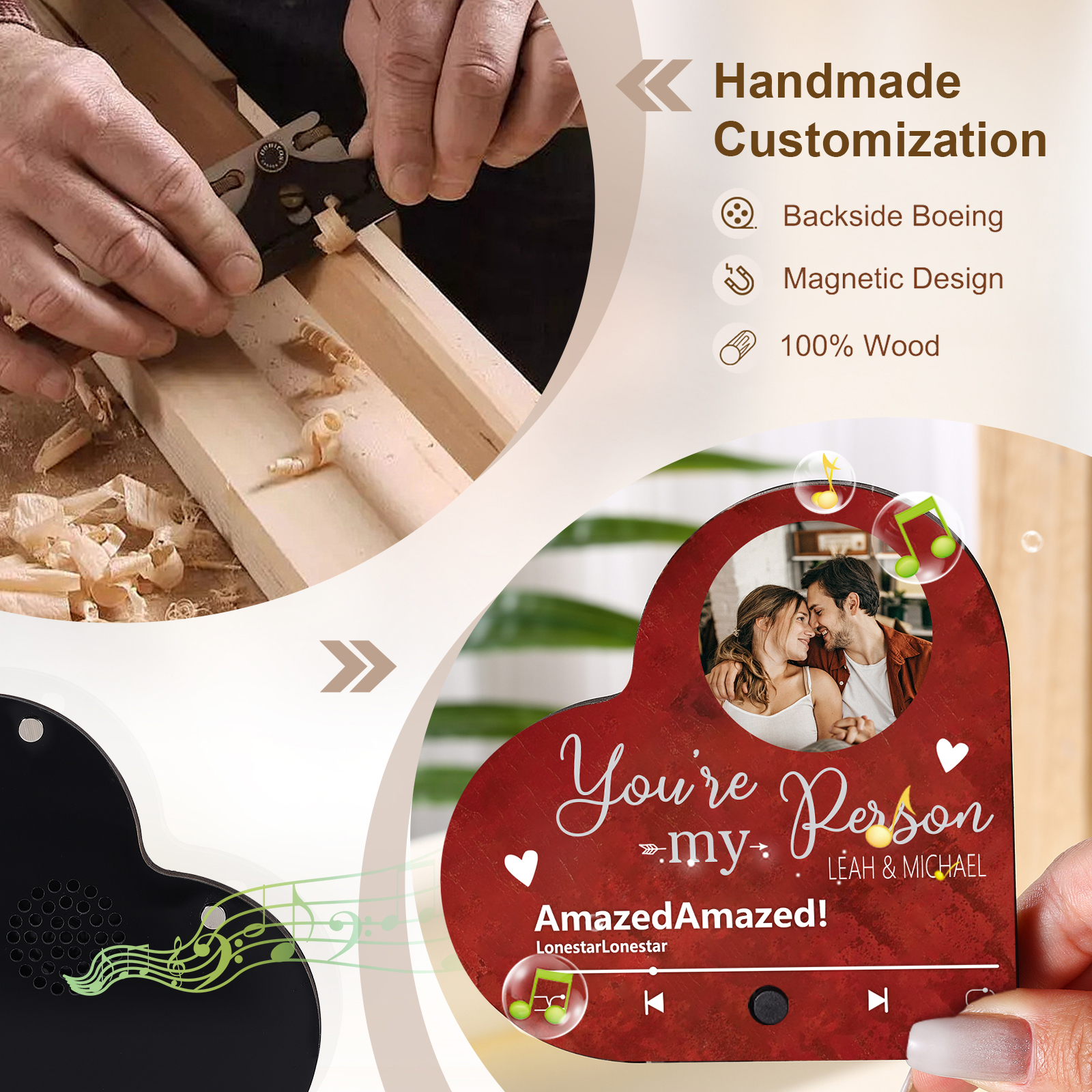 Personalisierte mit 2 Namen & Lied & Foto & Text Musik-Kühlschrankmagnet – Romantisches Geschenk für Paar