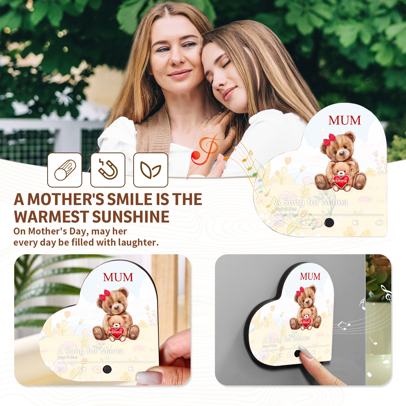 Personalisiertes 2 Namen & Lied farbige Acryl-Holz Herz Kühlschrankmagnet mit Musikfunktion - Geschenk für Mama