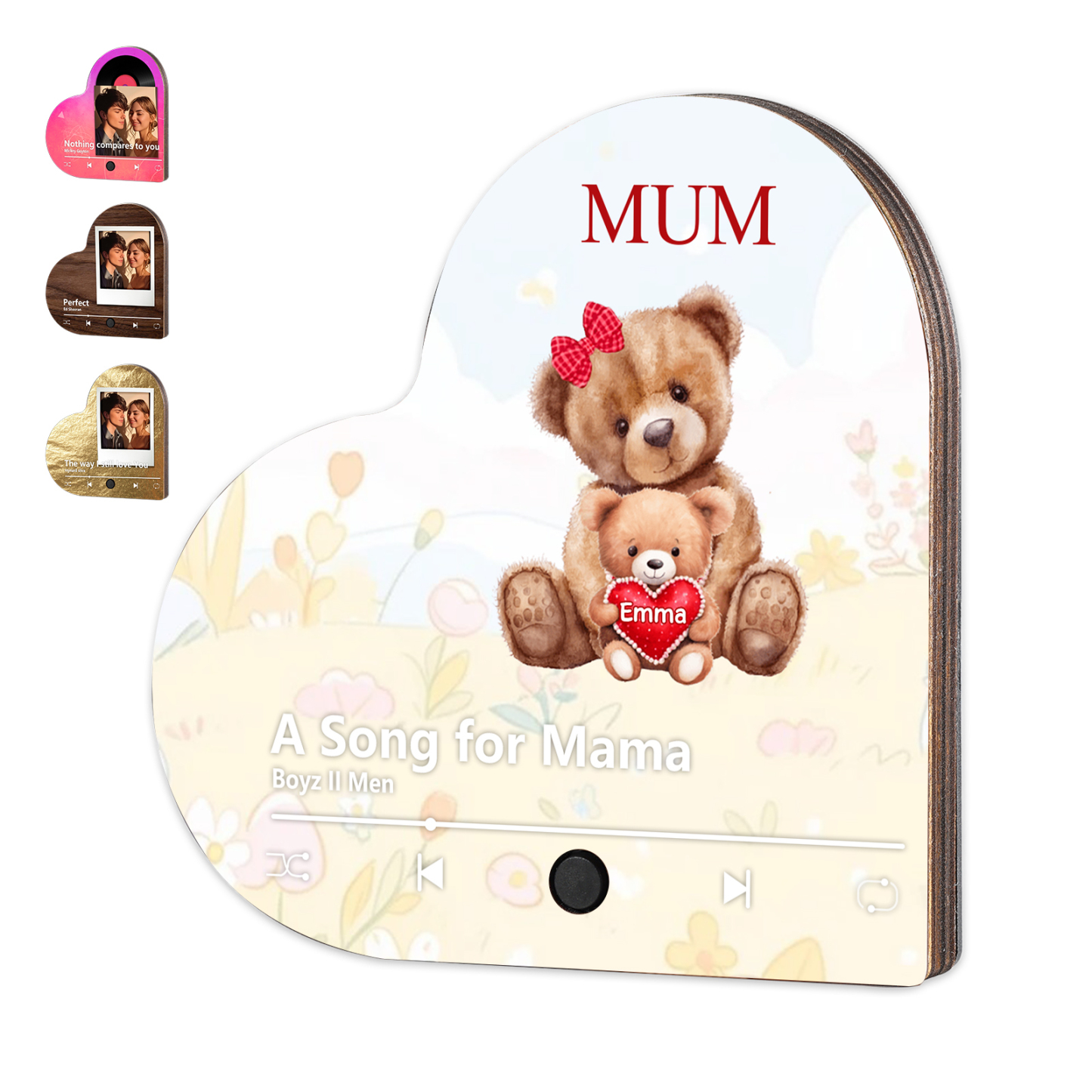 Personalisiertes 2 Namen & Lied farbige Acryl-Holz Herz Kühlschrankmagnet mit Musikfunktion - Geschenk für Mama