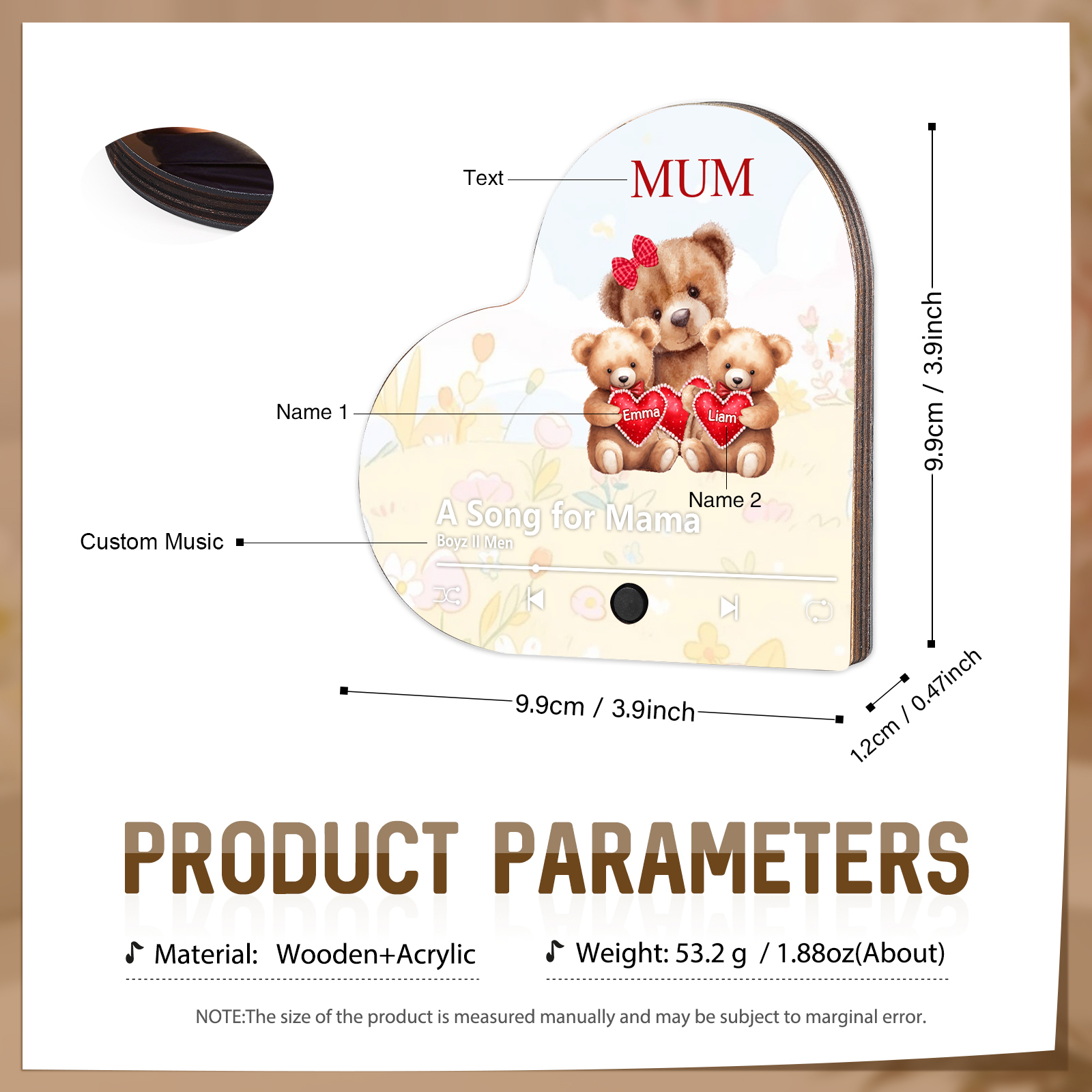 Herz Personalisiertes 2 Namen & Text & Lied farbige Acryl-Holz Kühlschrankmagnet mit Musikfunktion - Geschenk für Mama