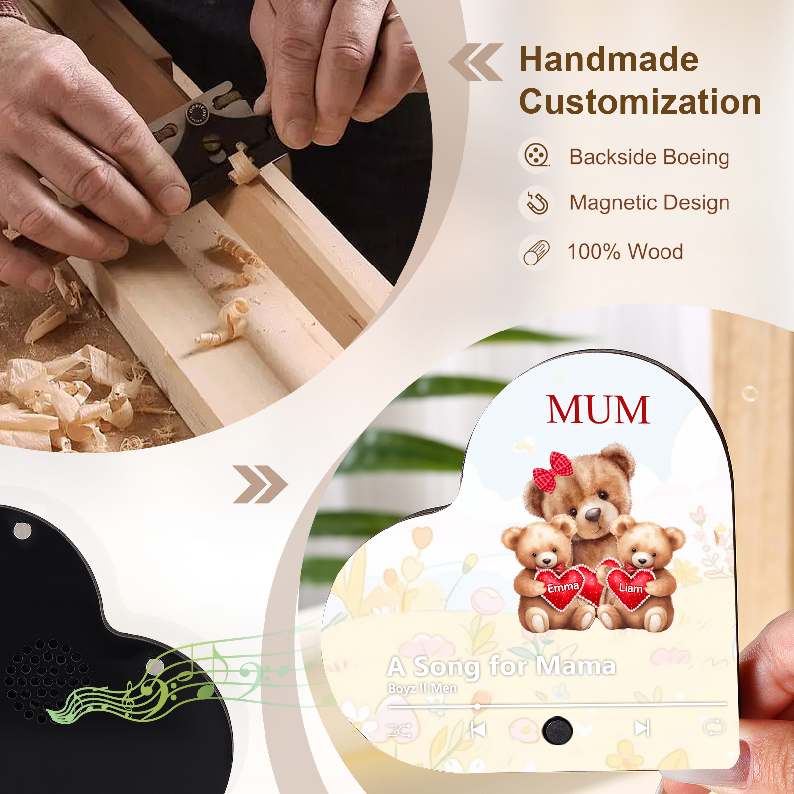 Herz Personalisiertes 2 Namen & Text & Lied farbige Acryl-Holz Kühlschrankmagnet mit Musikfunktion - Geschenk für Mama