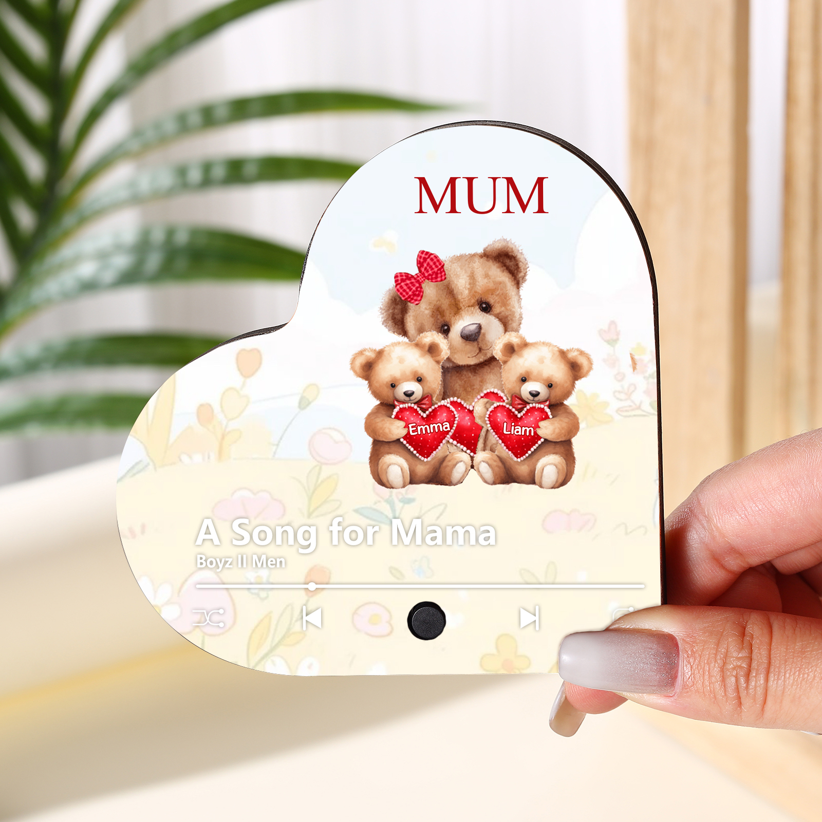 Herz Personalisiertes 2 Namen & Text & Lied farbige Acryl-Holz Kühlschrankmagnet mit Musikfunktion - Geschenk für Mama