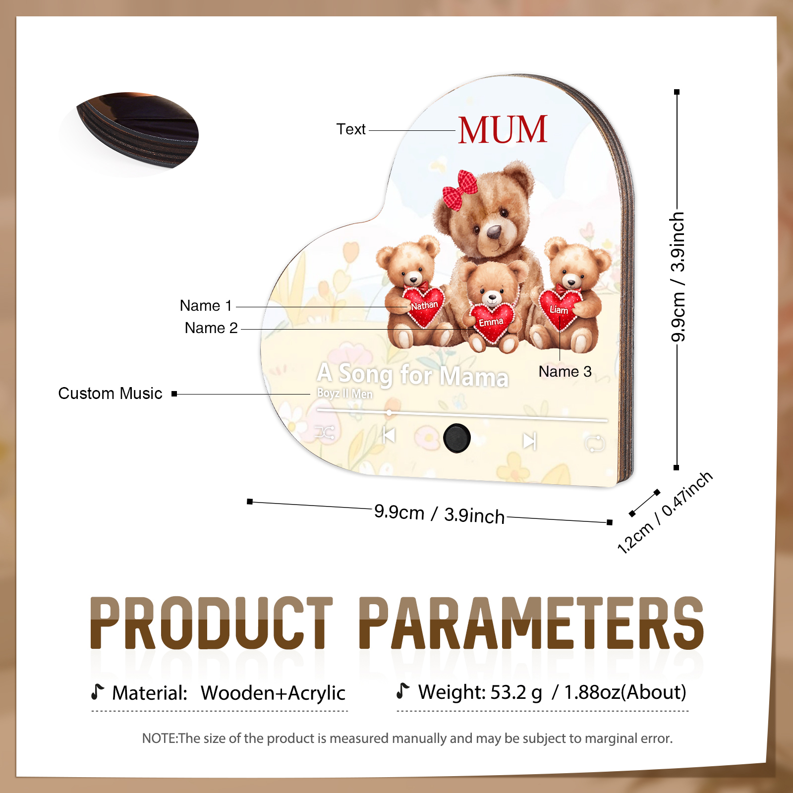 Herz Personalisiertes 3 Namen & Text & Lied farbige Acryl-Holz Kühlschrankmagnet mit Musikfunktion - Geschenk für Mama