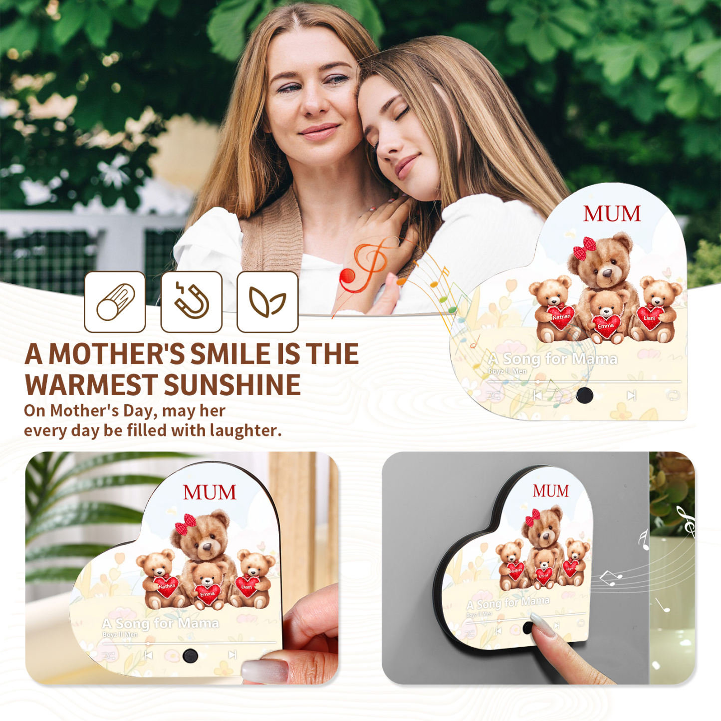 Herz Personalisiertes 3 Namen & Text & Lied farbige Acryl-Holz Kühlschrankmagnet mit Musikfunktion - Geschenk für Mama
