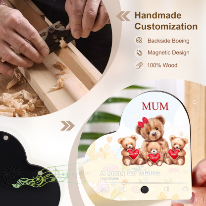 Herz Personalisiertes 3 Namen & Text & Lied farbige Acryl-Holz Kühlschrankmagnet mit Musikfunktion - Geschenk für Mama