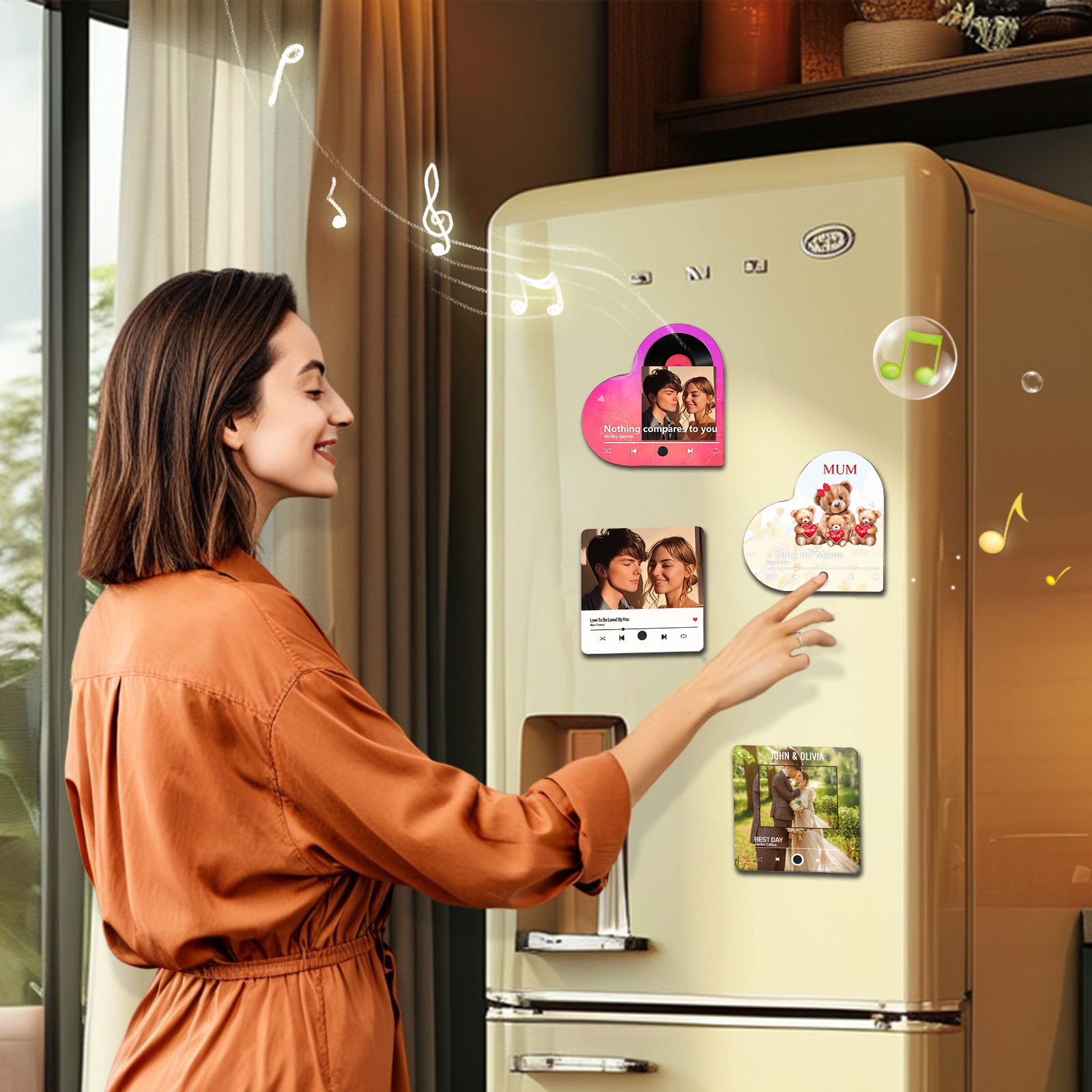 Herz Personalisiertes 3 Namen & Text & Lied farbige Acryl-Holz Kühlschrankmagnet mit Musikfunktion - Geschenk für Mama