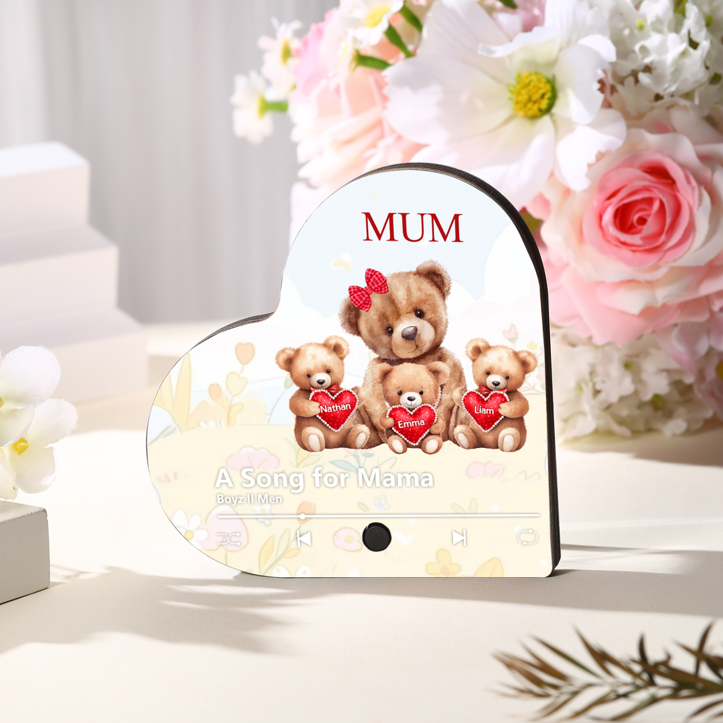Herz Personalisiertes 3 Namen & Text & Lied farbige Acryl-Holz Kühlschrankmagnet mit Musikfunktion - Geschenk für Mama