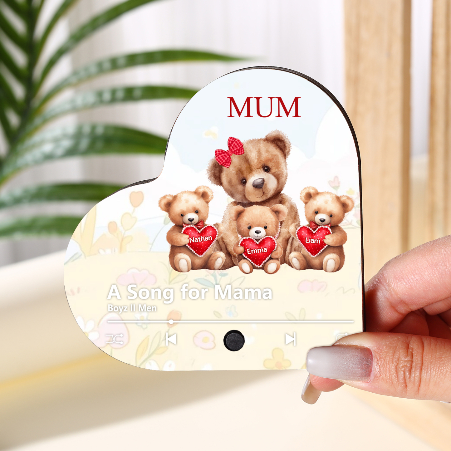 Herz Personalisiertes 3 Namen & Text & Lied farbige Acryl-Holz Kühlschrankmagnet mit Musikfunktion - Geschenk für Mama