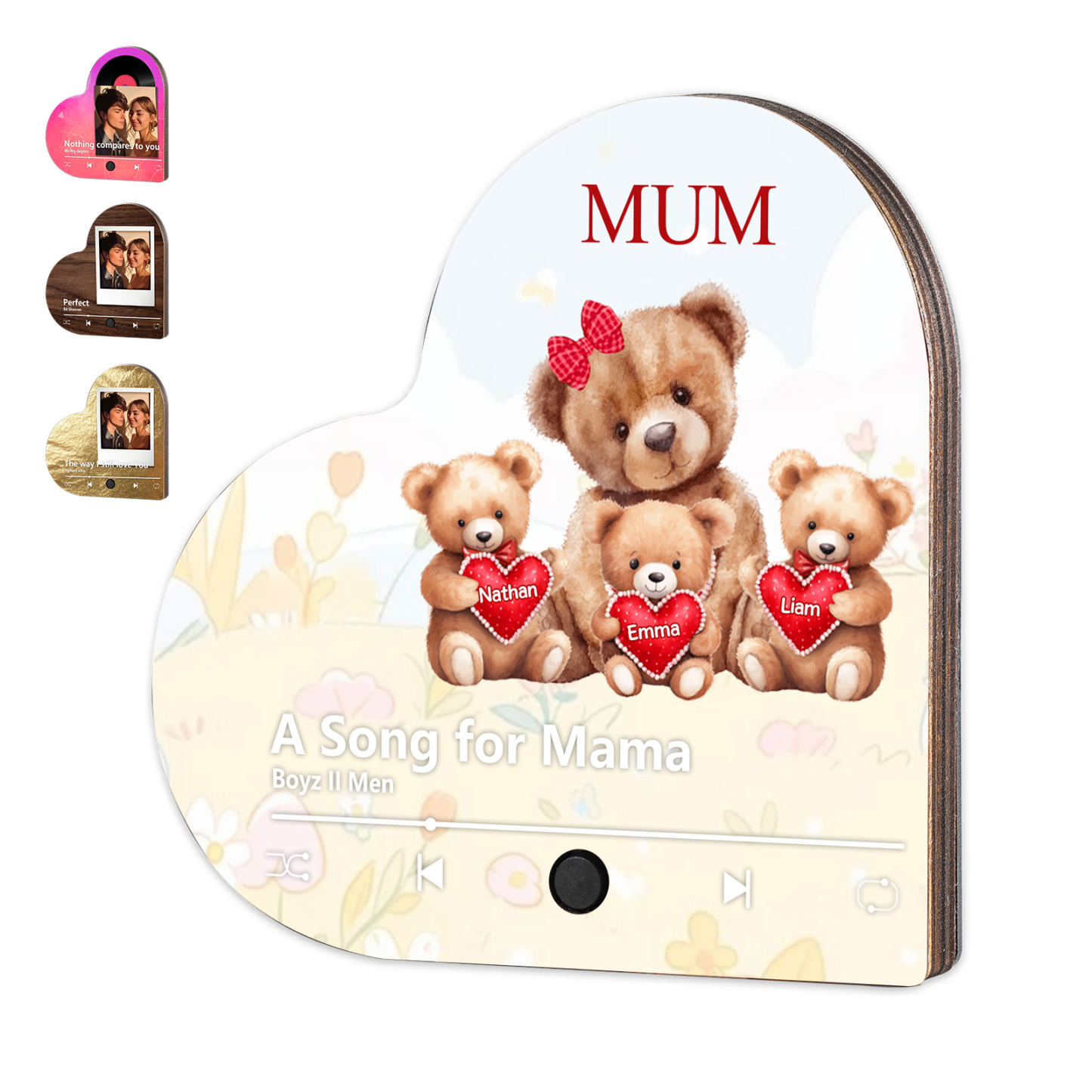 Herz Personalisiertes 3 Namen & Text & Lied farbige Acryl-Holz Kühlschrankmagnet mit Musikfunktion - Geschenk für Mama