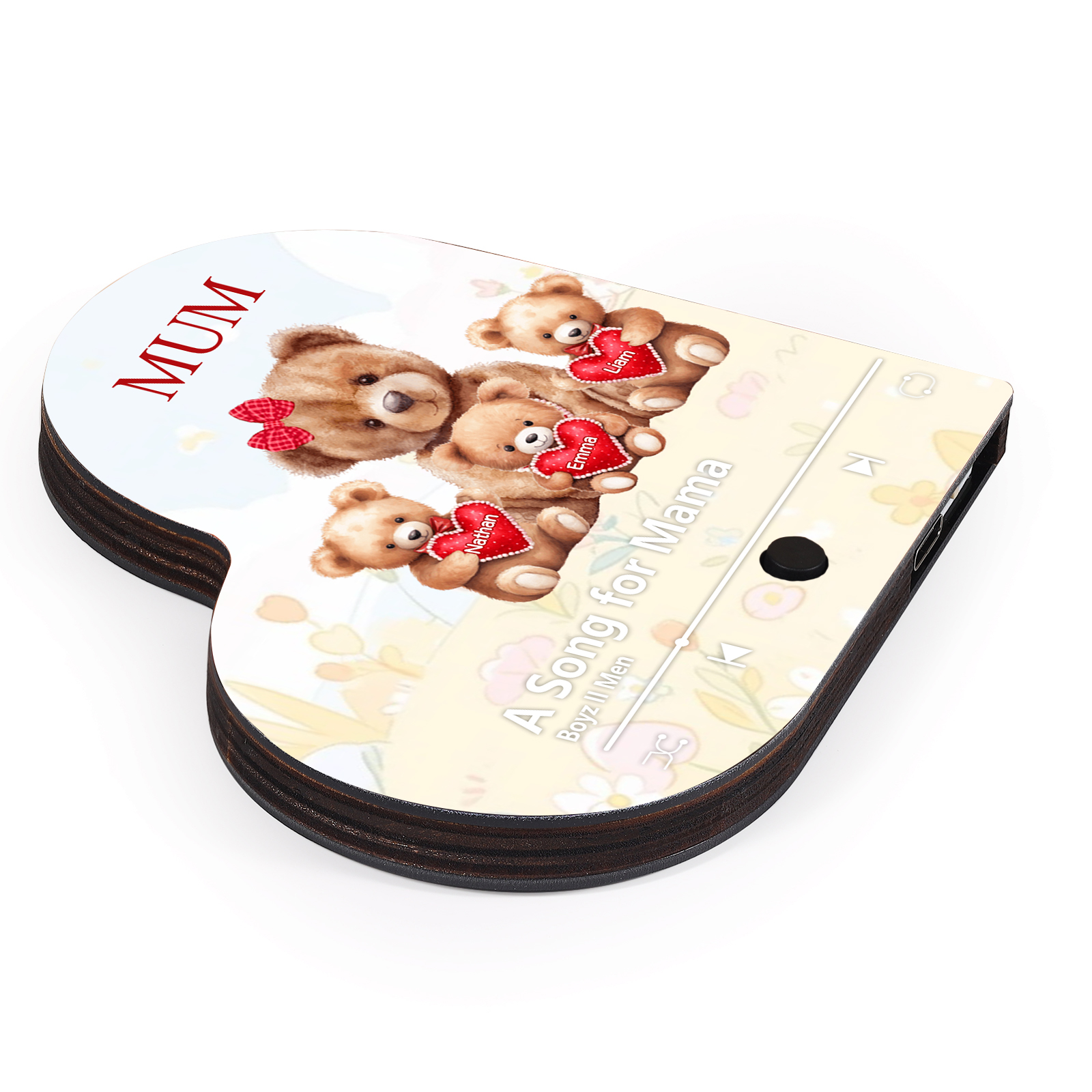Herz Personalisiertes 3 Namen & Text & Lied farbige Acryl-Holz Kühlschrankmagnet mit Musikfunktion - Geschenk für Mama