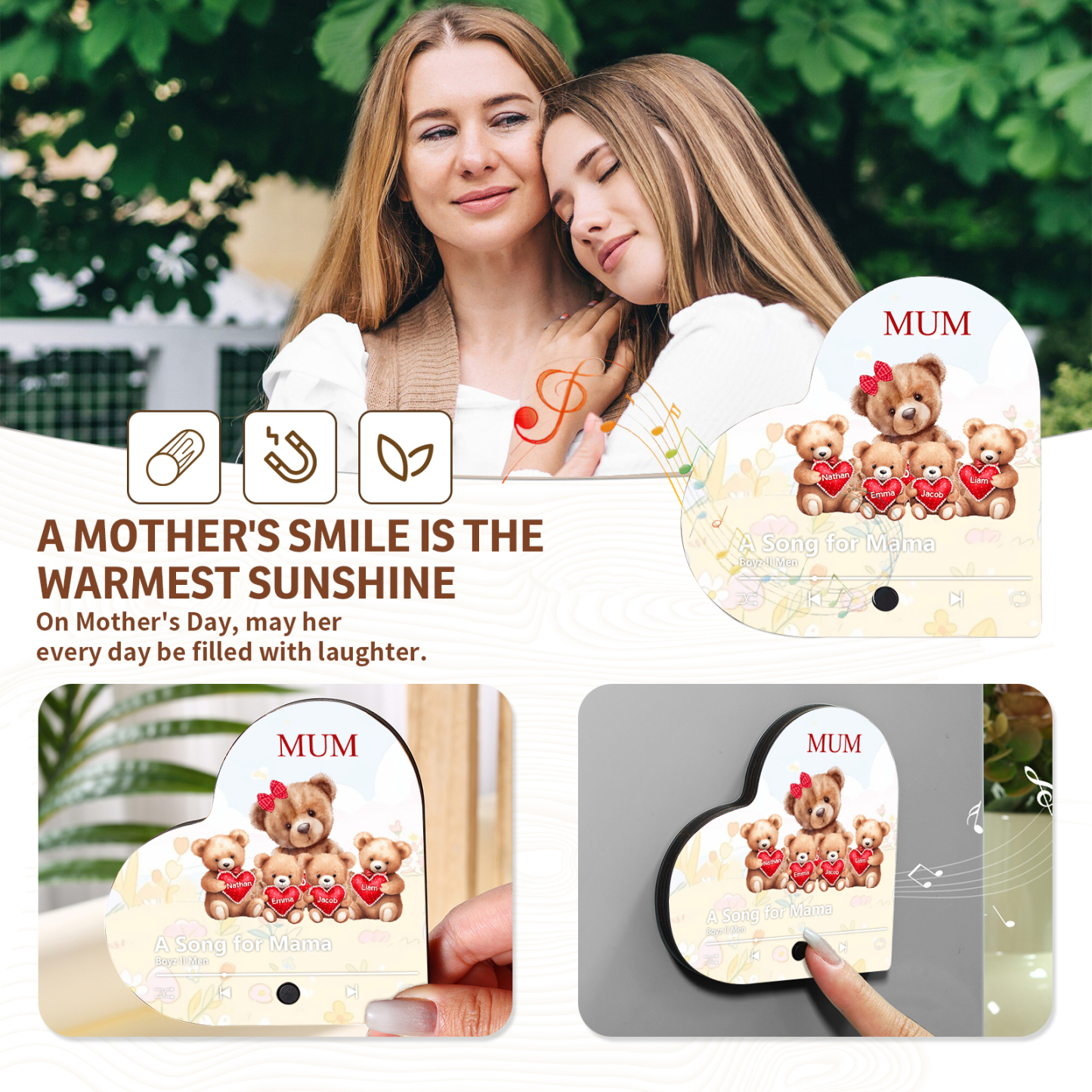 Herz Personalisiertes 4 Namen & Text & Lied farbige Acryl-Holz Kühlschrankmagnet mit Musikfunktion - Geschenk für Mama