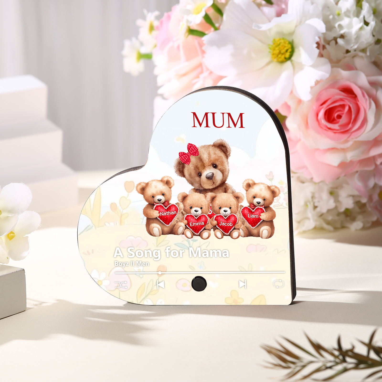 Herz Personalisiertes 4 Namen & Text & Lied farbige Acryl-Holz Kühlschrankmagnet mit Musikfunktion - Geschenk für Mama