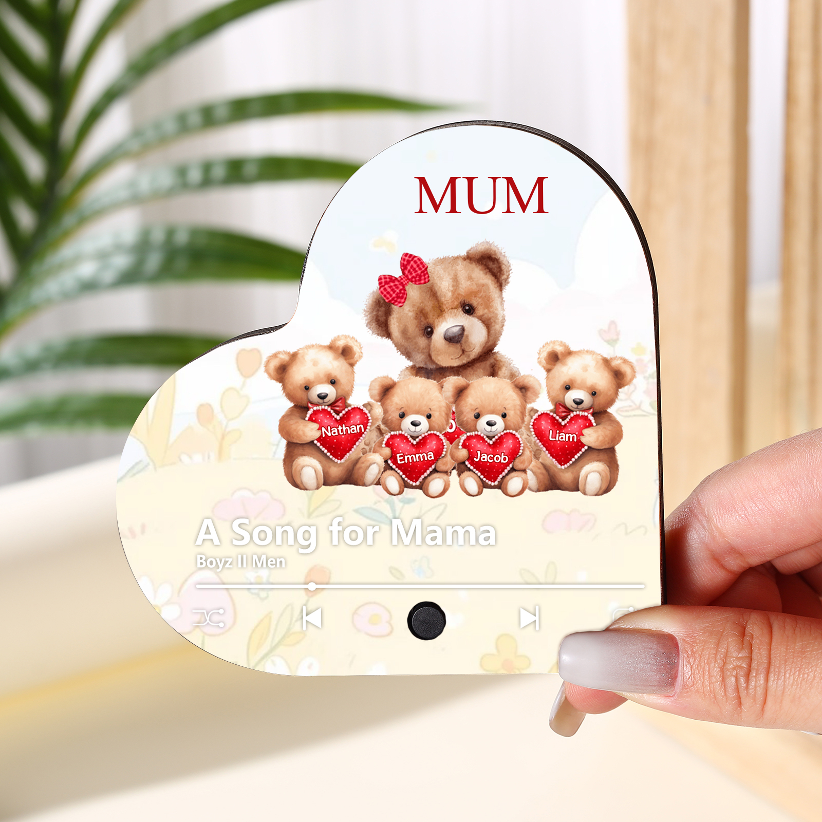 Herz Personalisiertes 4 Namen & Text & Lied farbige Acryl-Holz Kühlschrankmagnet mit Musikfunktion - Geschenk für Mama