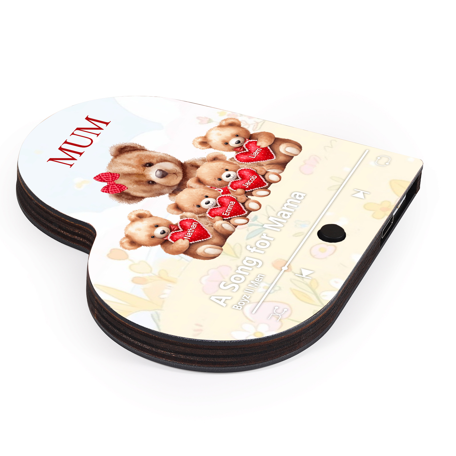 Herz Personalisiertes 4 Namen & Text & Lied farbige Acryl-Holz Kühlschrankmagnet mit Musikfunktion - Geschenk für Mama