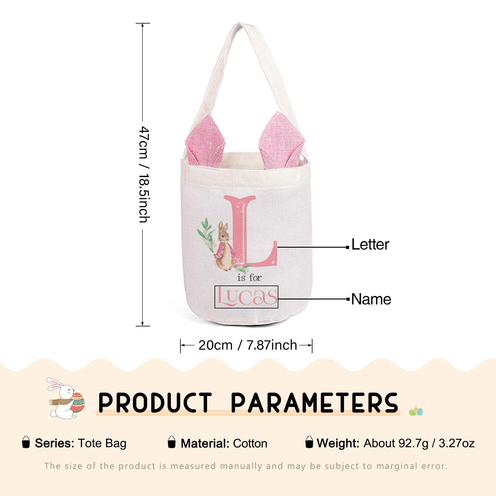 Personalisierbarer 1 Buchstabe & Name Ostern Baumwolle Hase Tasche